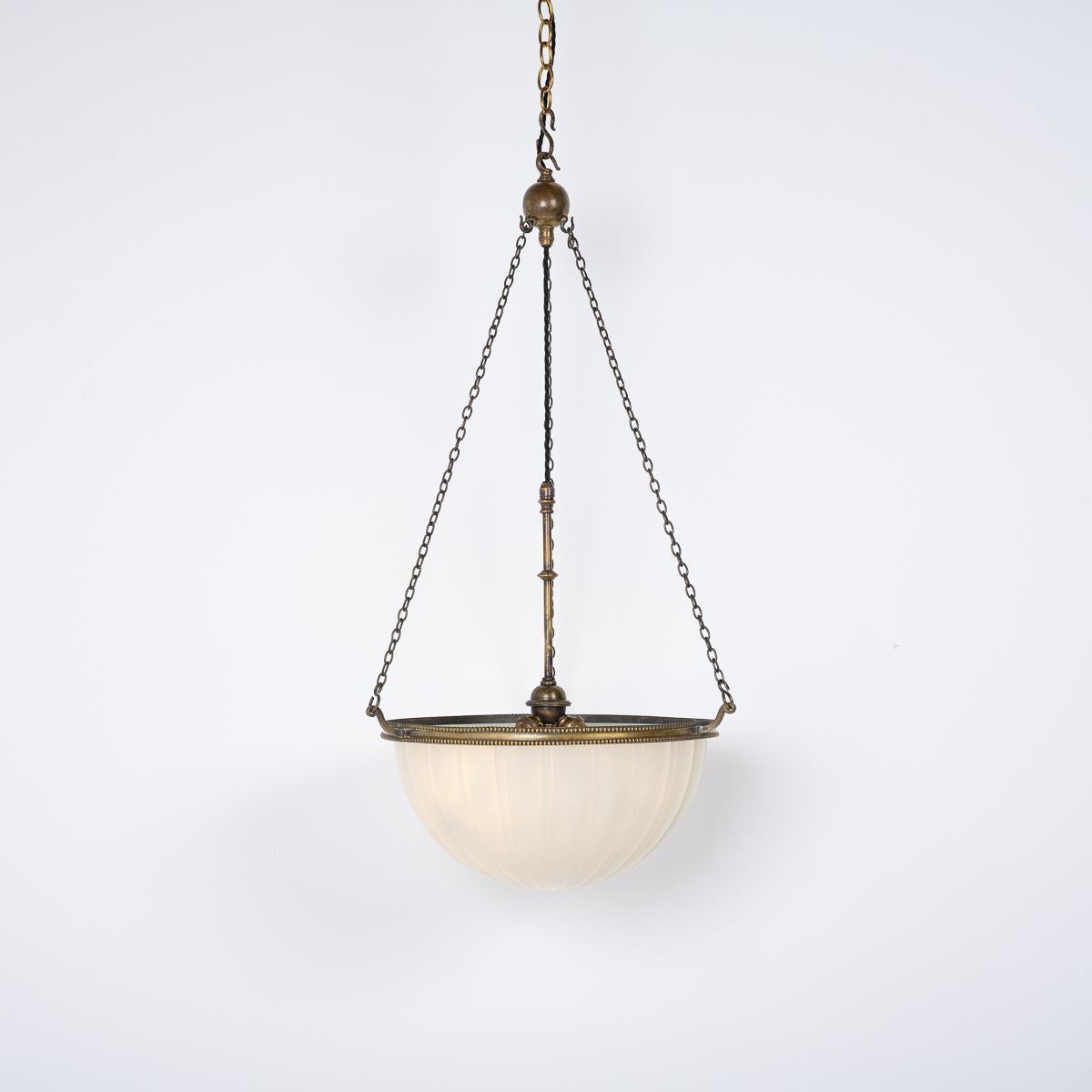 British Large Antique Moonstone Glass Plafonnier Pendant Light With Aged Brass Fittings