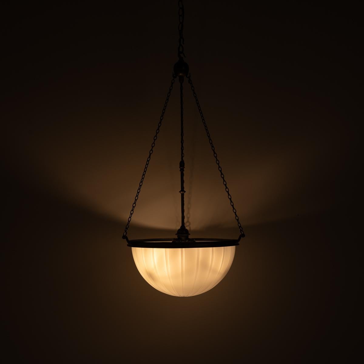 Molded Large Antique Moonstone Glass Plafonnier Pendant Light With Aged Brass Fittings