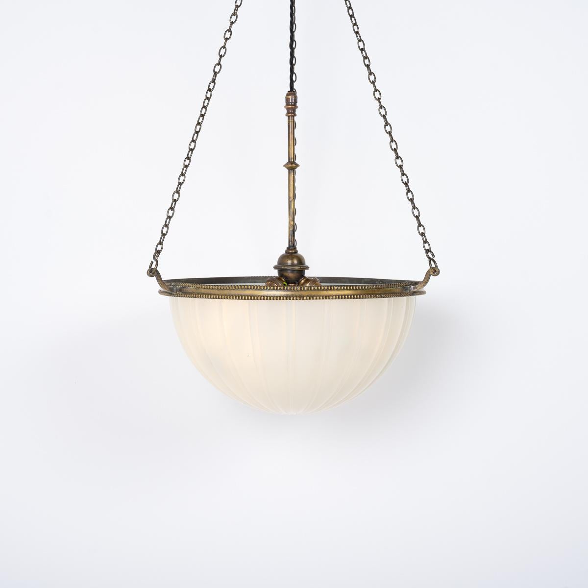 Large Antique Moonstone Glass Plafonnier Pendant Light With Aged Brass Fittings In Good Condition In Nottingham, GB