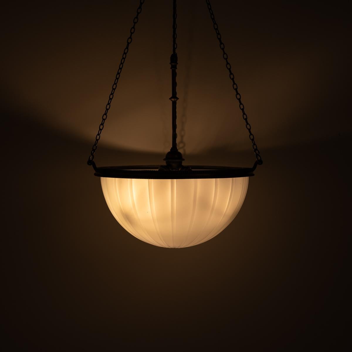 Early 20th Century Large Antique Moonstone Glass Plafonnier Pendant Light With Aged Brass Fittings