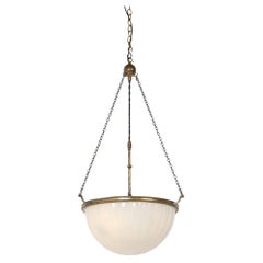 Large Antique Moonstone Glass Plafonnier Pendant Light With Aged Brass Fittings