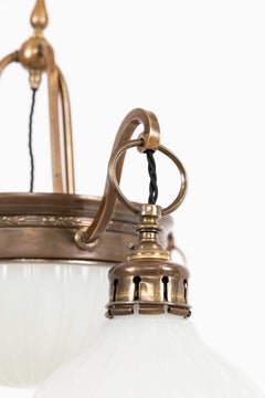 Large Antique Moonstone Opaline Glass Chandelier Light Pendant, C.1915