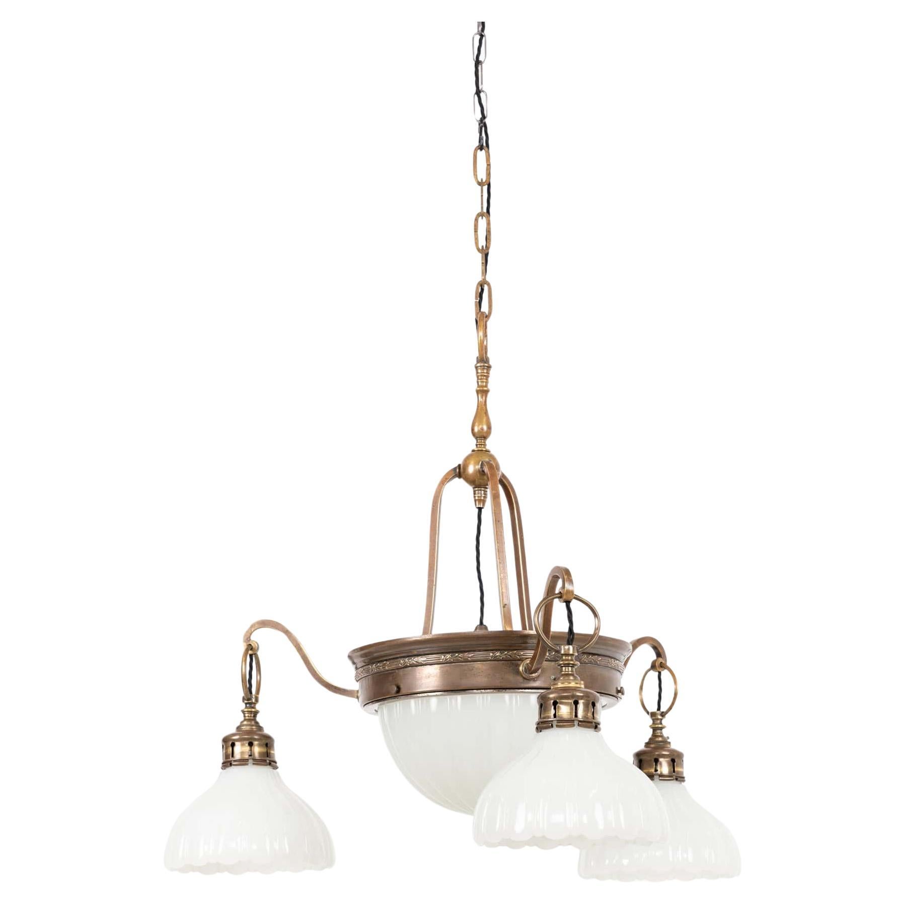 Large Antique Moonstone Opaline Glass Chandelier Light Pendant, C.1915