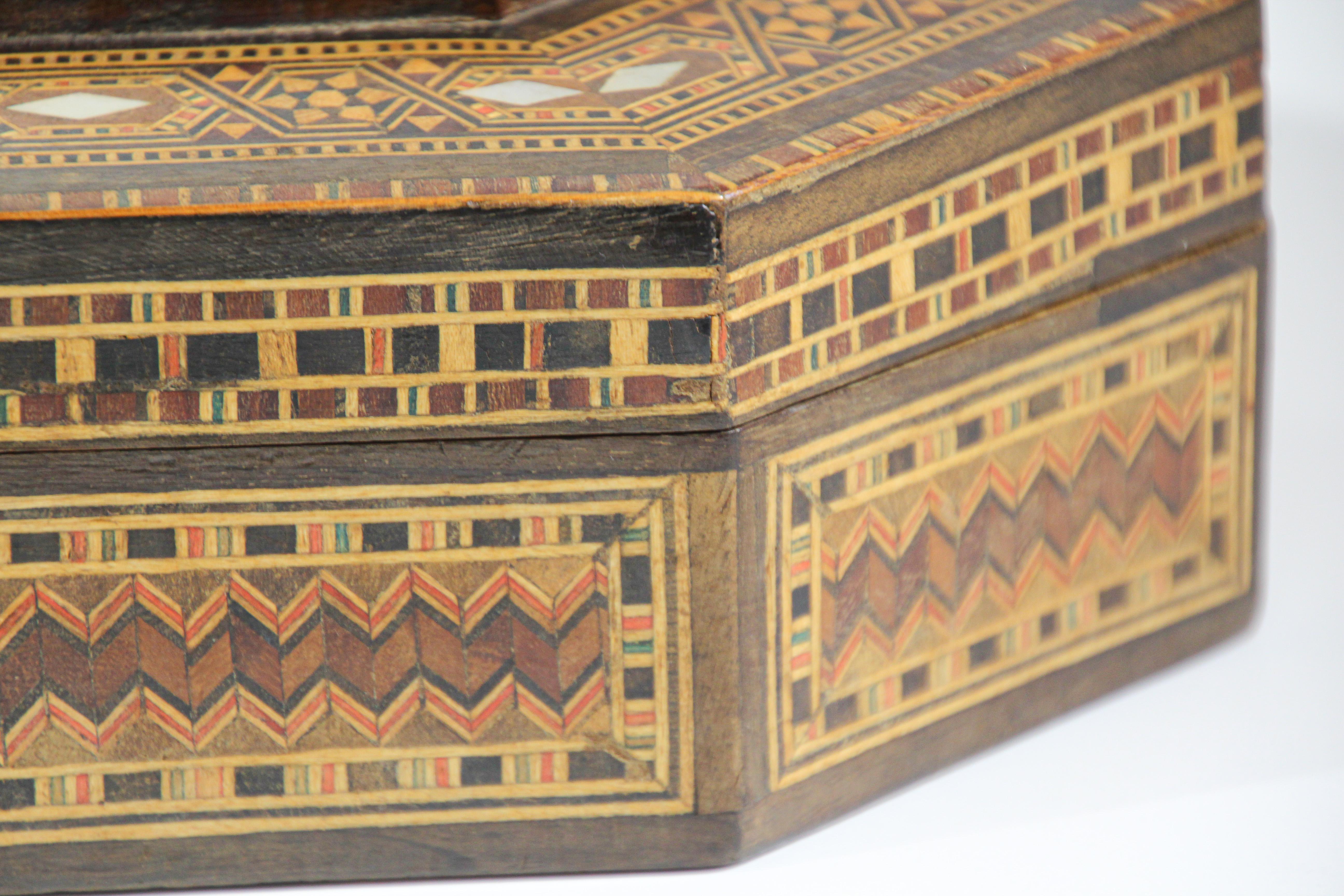 Large Antique Moorish Micro Mosaic Inlaid Jewelry Box Hexagonal Shape For Sale 1