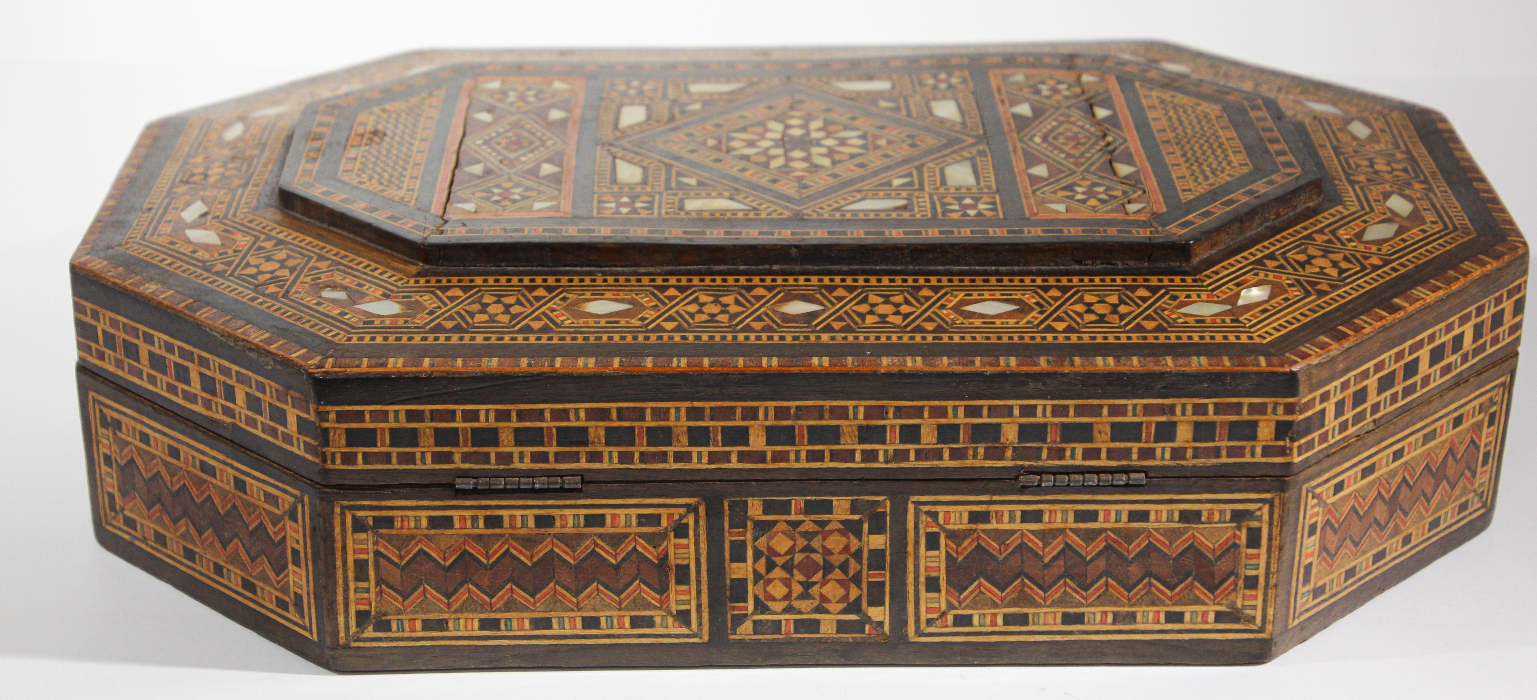 Large Antique Moorish Micro Mosaic Inlaid Jewelry Box Hexagonal Shape For Sale 5