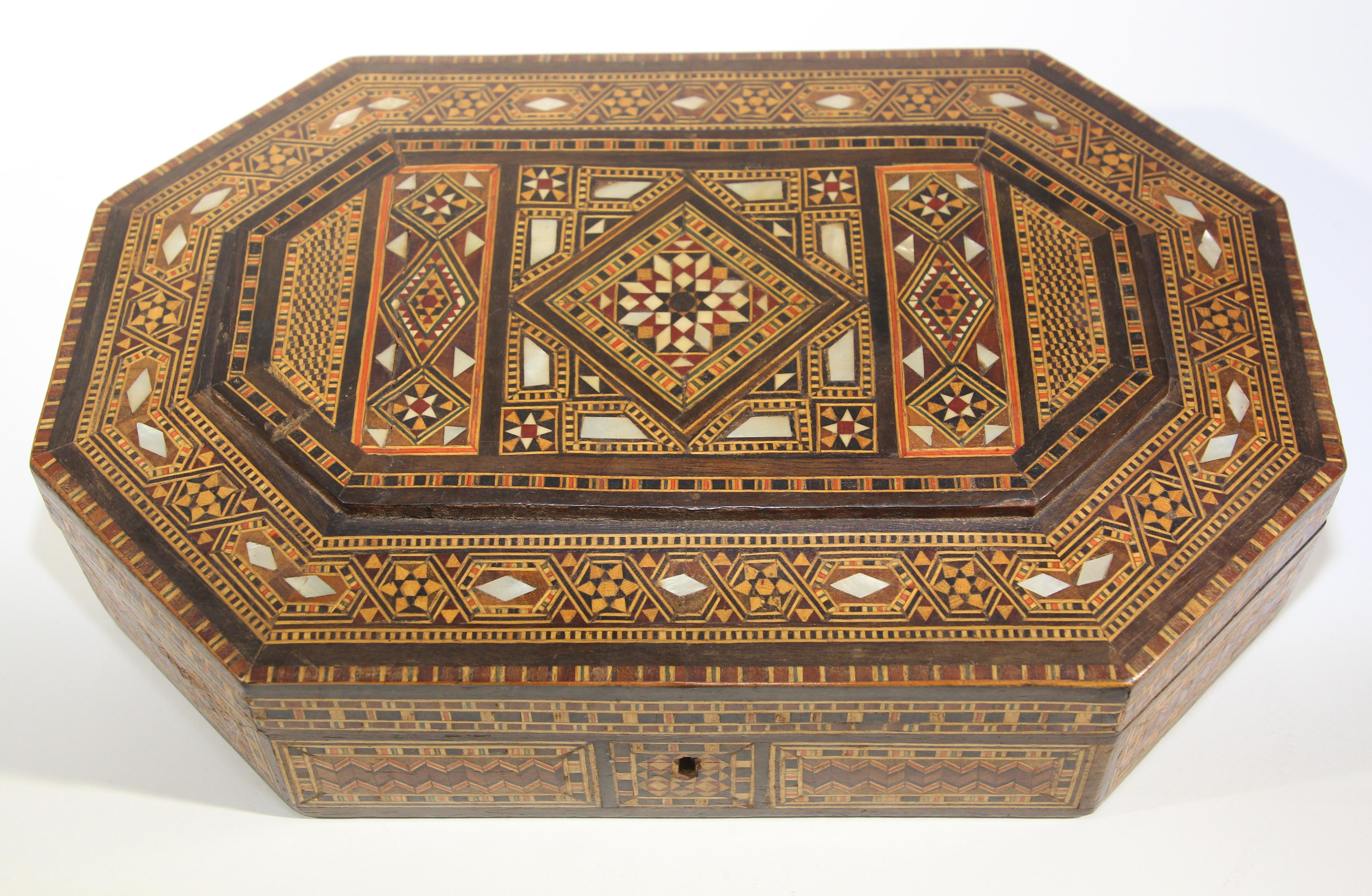 Large Antique Moorish Micro Mosaic Inlaid Jewelry Box Hexagonal Shape 8