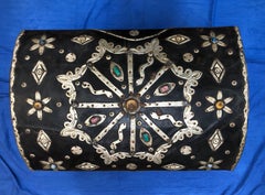 Early 1900s Moroccan Chest - Leather, Bone, Silver, Gems, Hamsa - Luxe Boho Chic