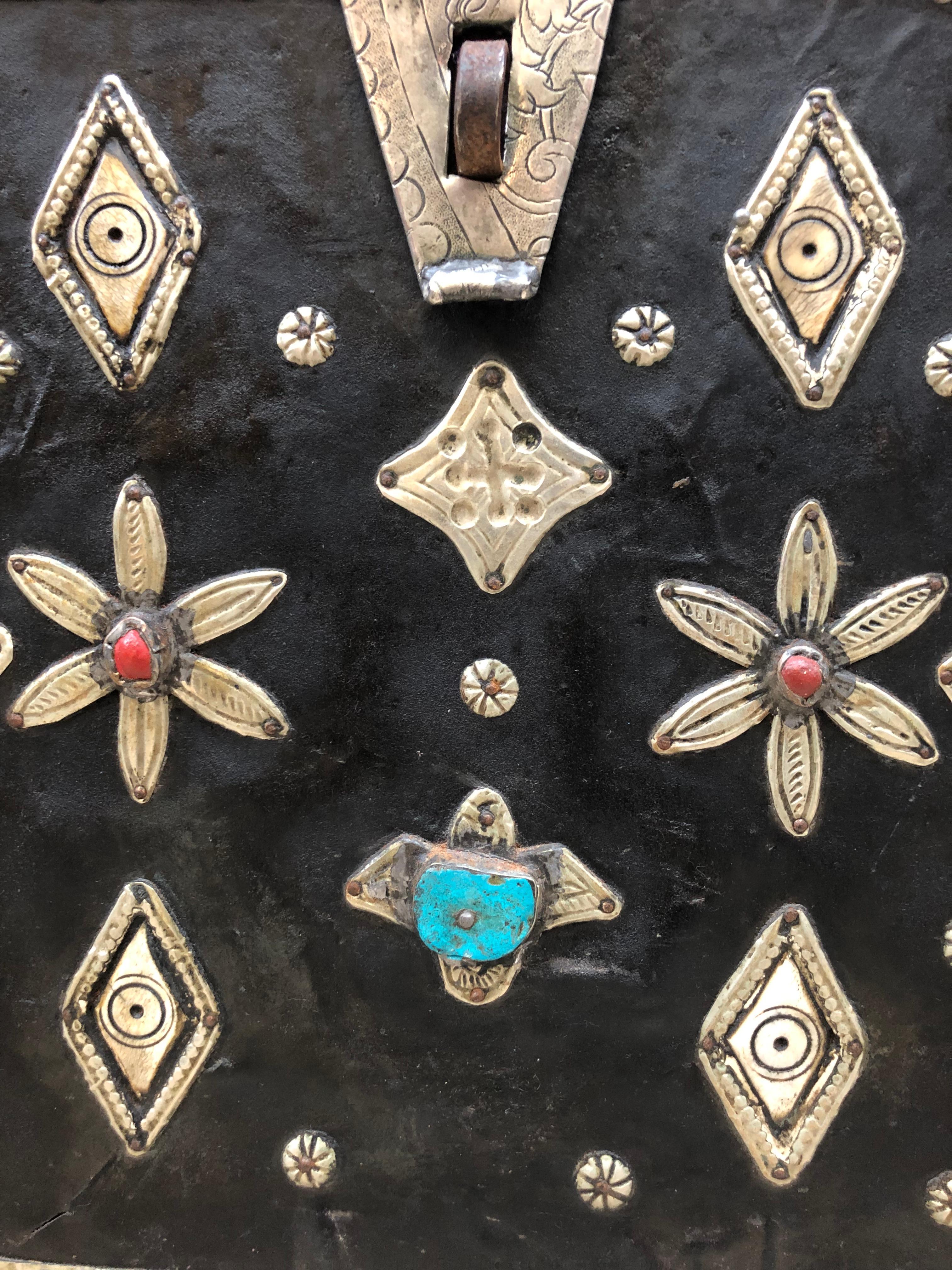 19th Century Early 1900s Moroccan Chest - Leather, Bone, Silver, Gems, Hamsa - Luxe Boho Chic For Sale