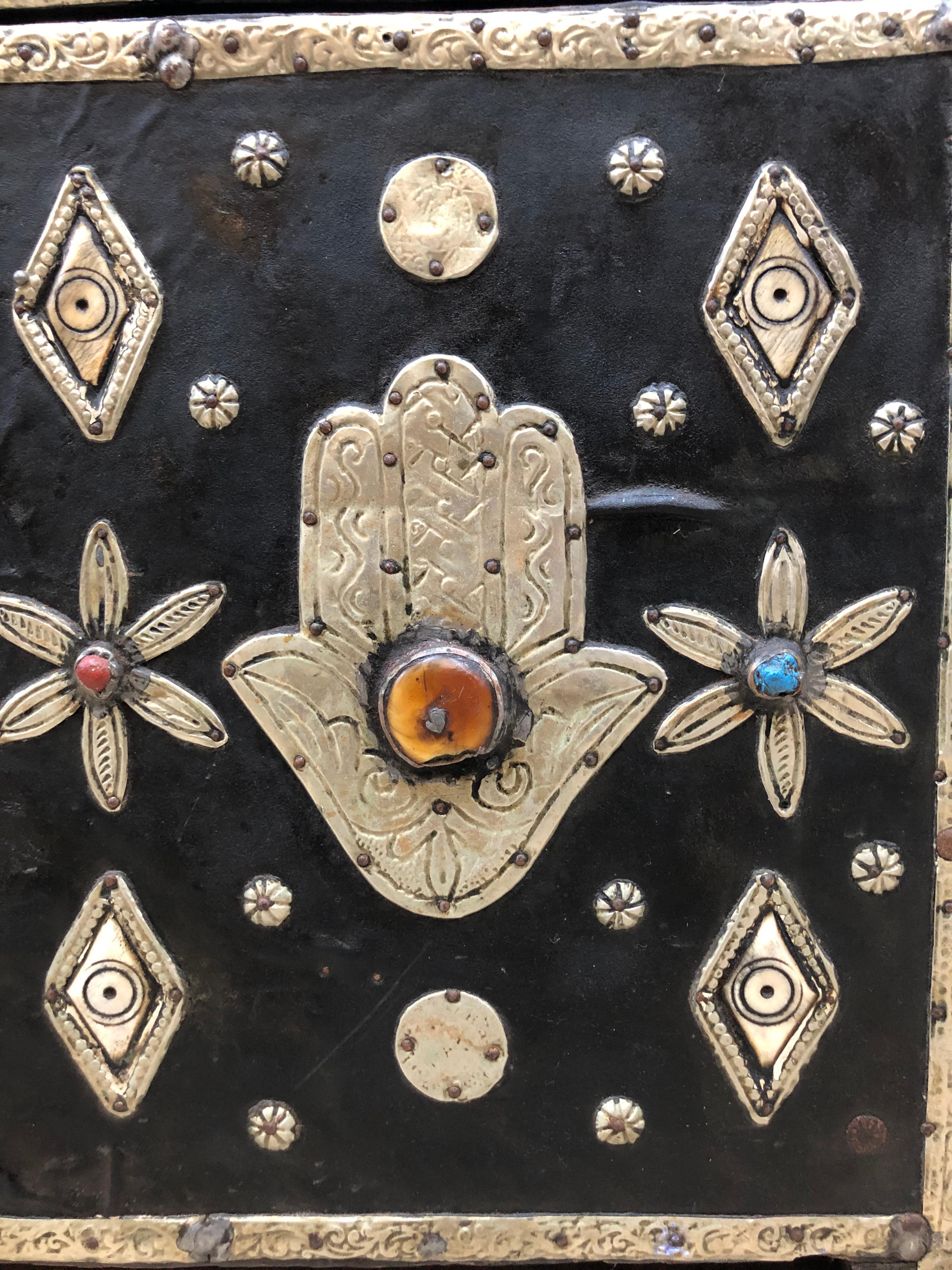 Early 1900s Moroccan Chest - Leather, Bone, Silver, Gems, Hamsa - Luxe Boho Chic For Sale 1