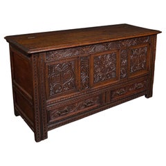 Gran Arcón Antiguo, Inglés, Roble Tallado, Cofre, Guillermo III, Circa 1700