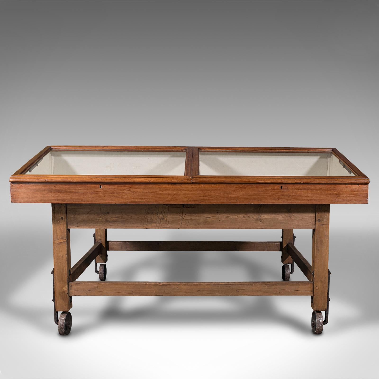 British Large Antique Museum Showcase, English, Pitch Pine, Display Cabinet, Victorian