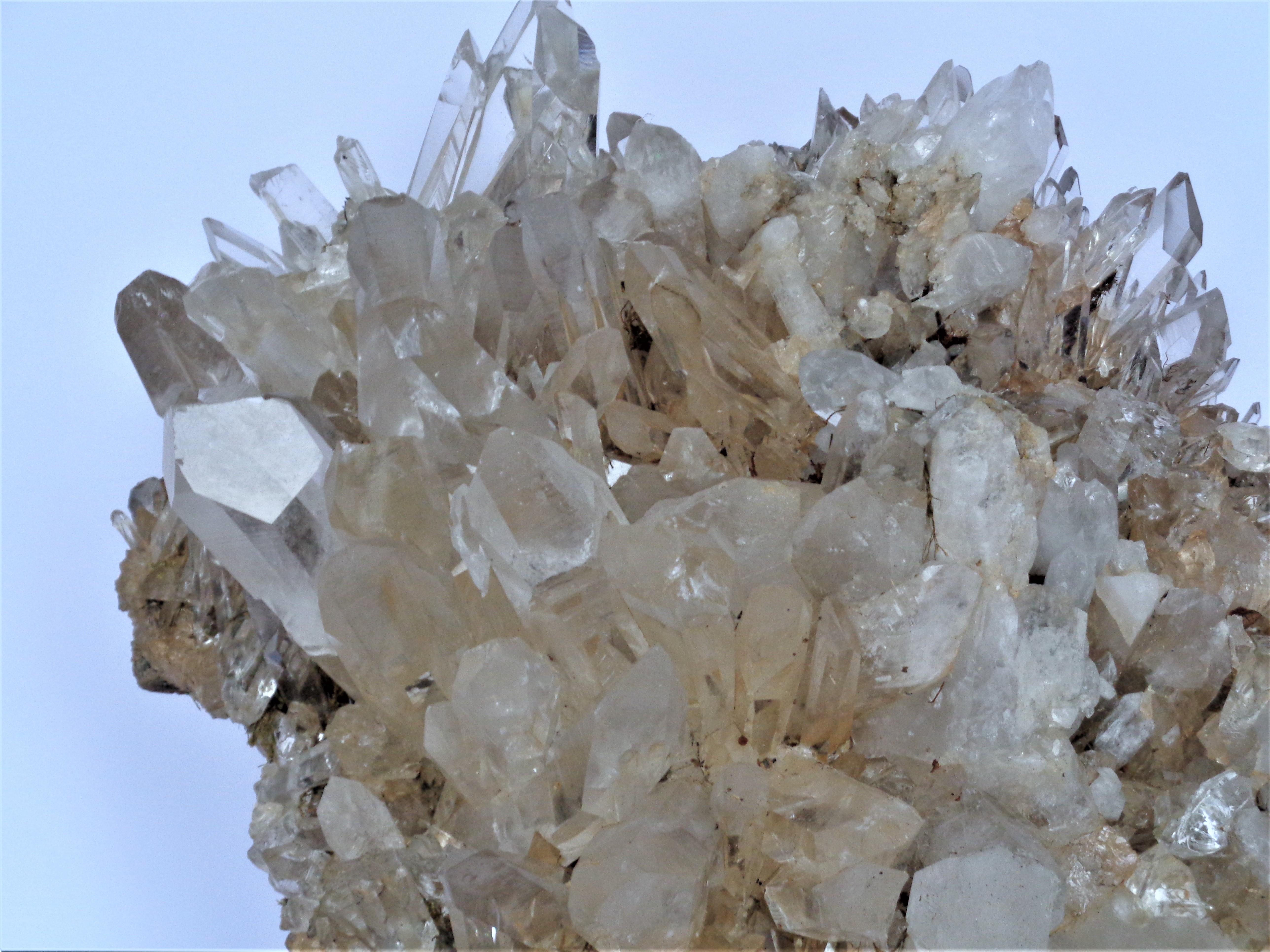 Very large quartz rock crystal cluster specimen with clear and semi-clear spire formations. Overall beautiful naturally aged antique condition. Look at all pictures and read condition report in comment section.