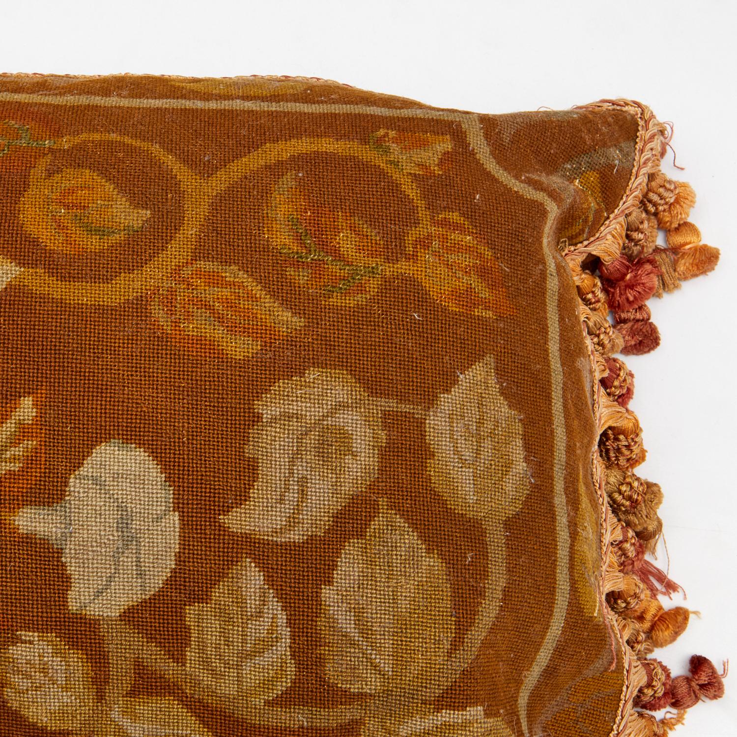 Aubusson Large Antique Needlework and Velvet Pillow in Brown Tones and with Tassel Trim For Sale
