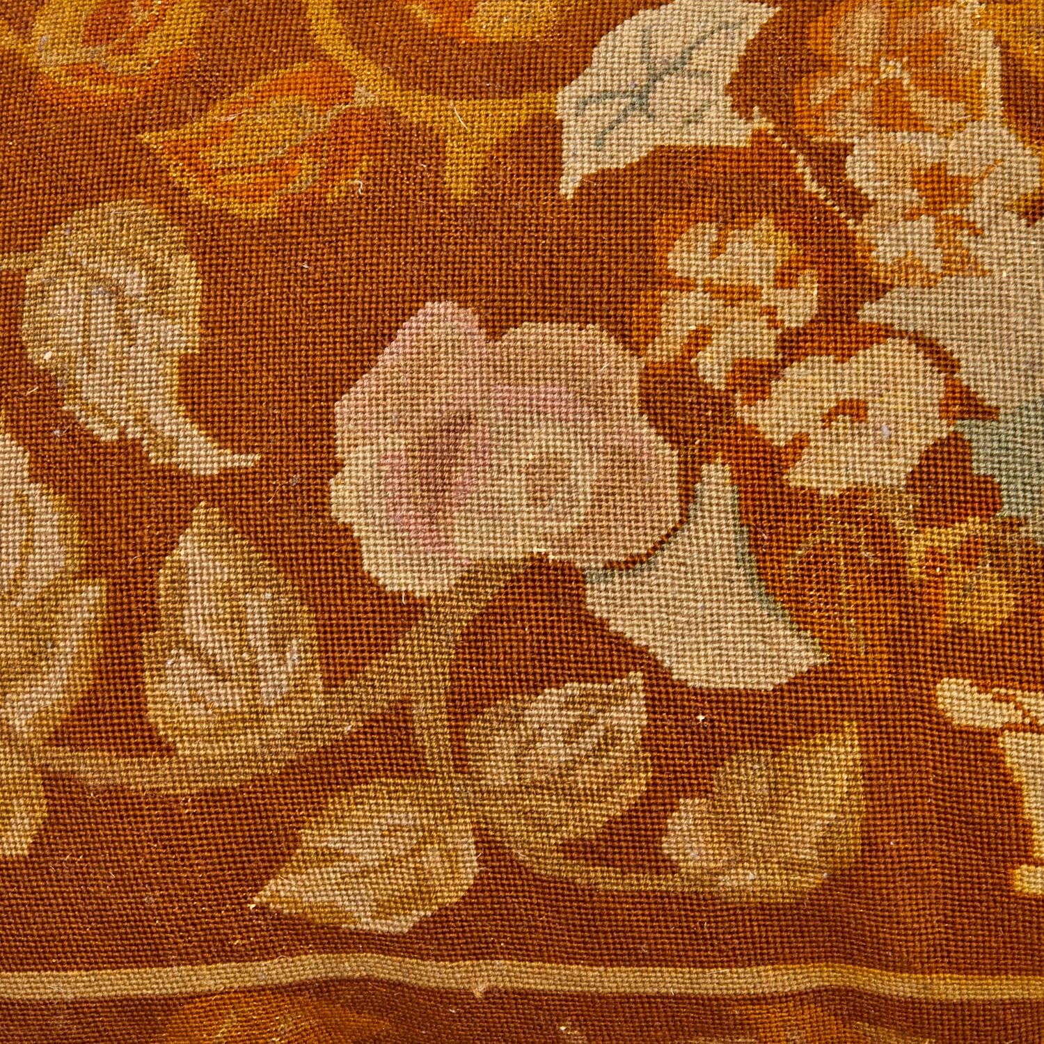 English Large Antique Needlework and Velvet Pillow in Brown Tones and with Tassel Trim For Sale