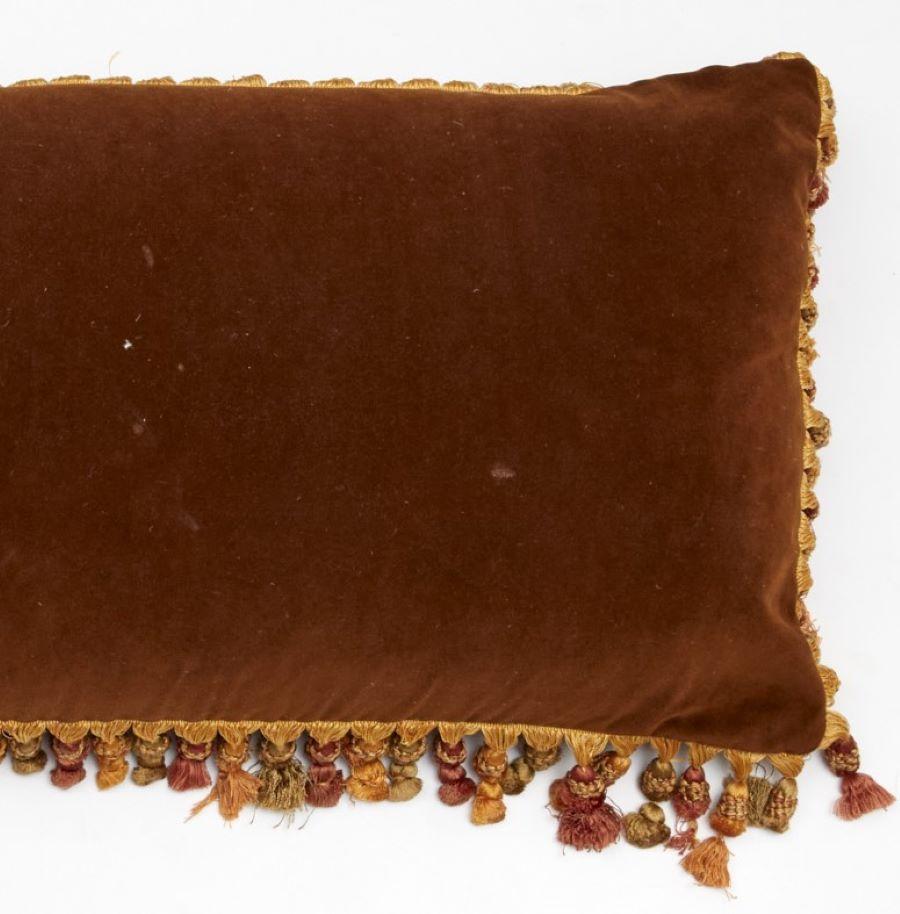 Hand-Crafted Large Antique Needlework and Velvet Pillow in Brown Tones and with Tassel Trim For Sale