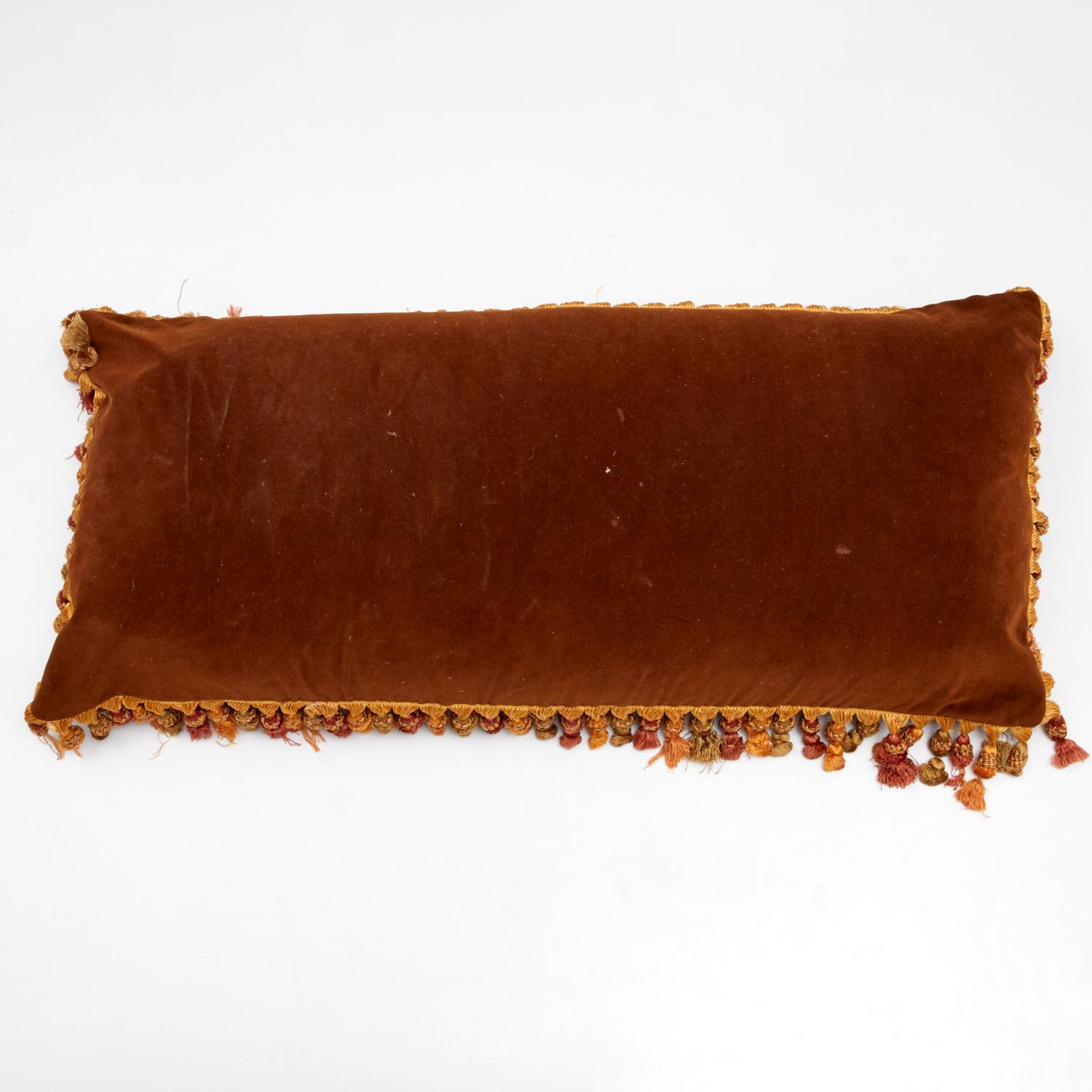 Large Antique Needlework and Velvet Pillow in Brown Tones and with Tassel Trim In Good Condition For Sale In Morristown, NJ