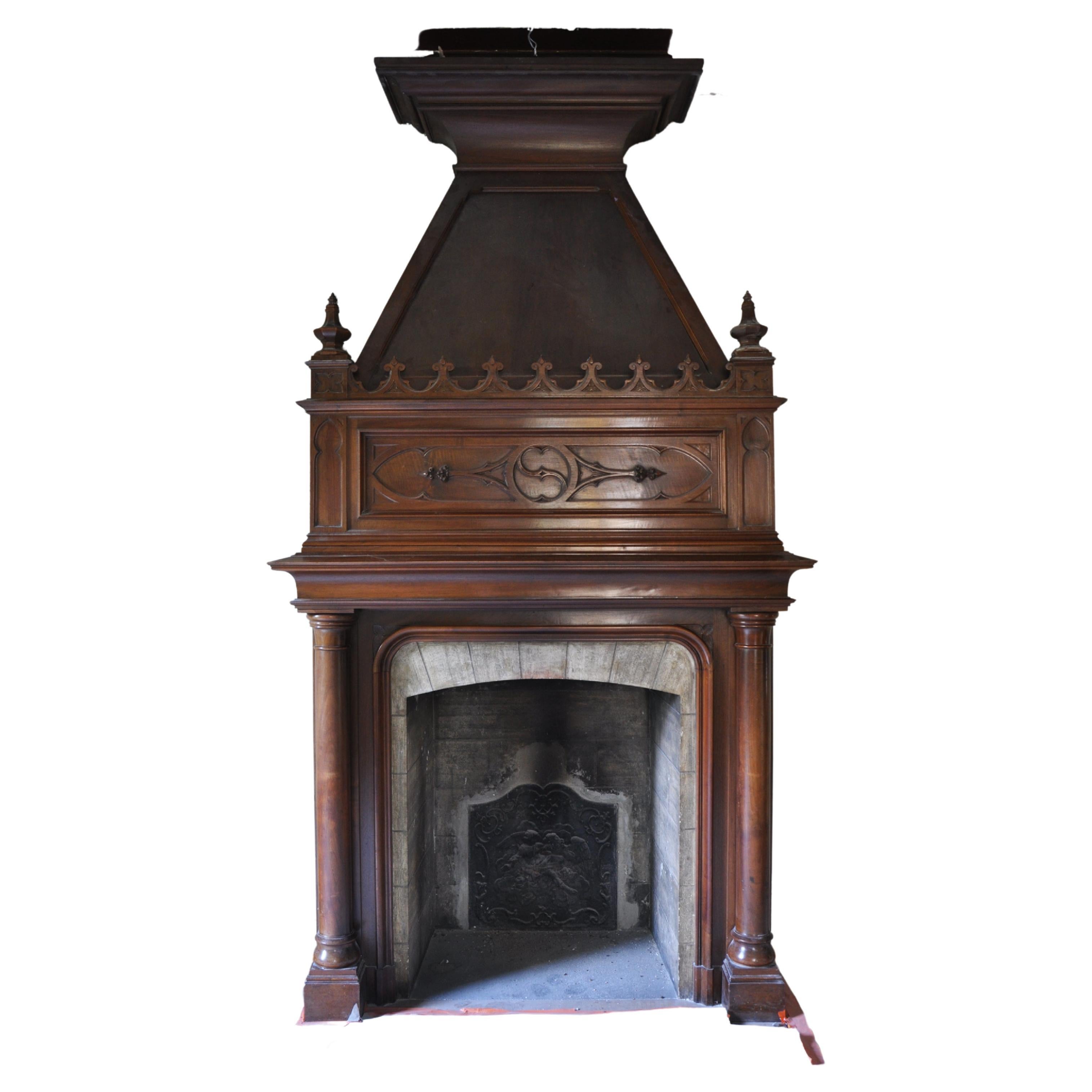 Large Antique Neo-Gothic Style Fireplace Made Out of Walnut Wood For Sale