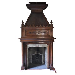 Large Antique Neo-Gothic Style Fireplace Made Out of Walnut Wood