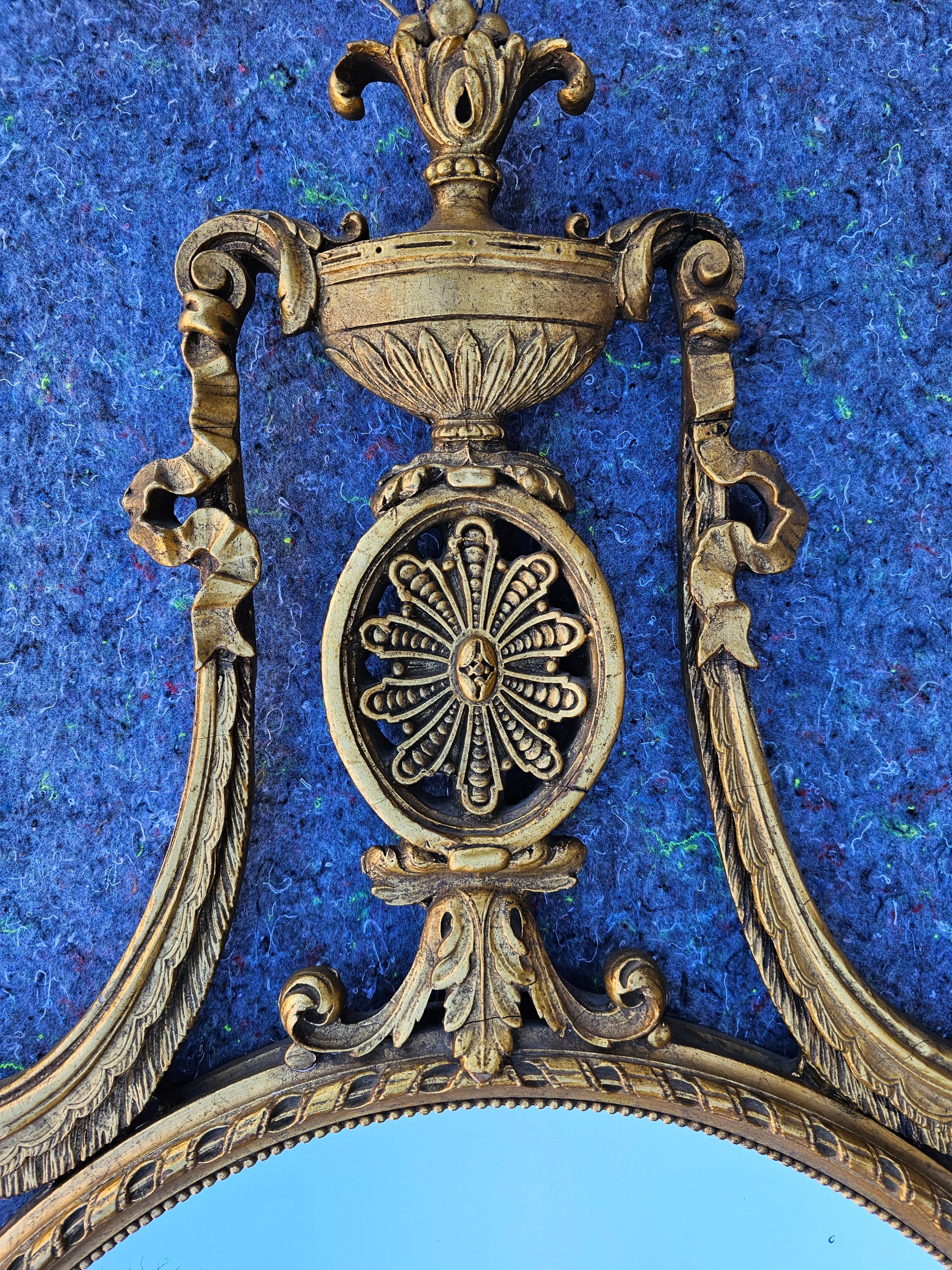 Hand-Carved Large Antique Neoclassical Adam Style Carved Giltwood Wall Mirror  For Sale