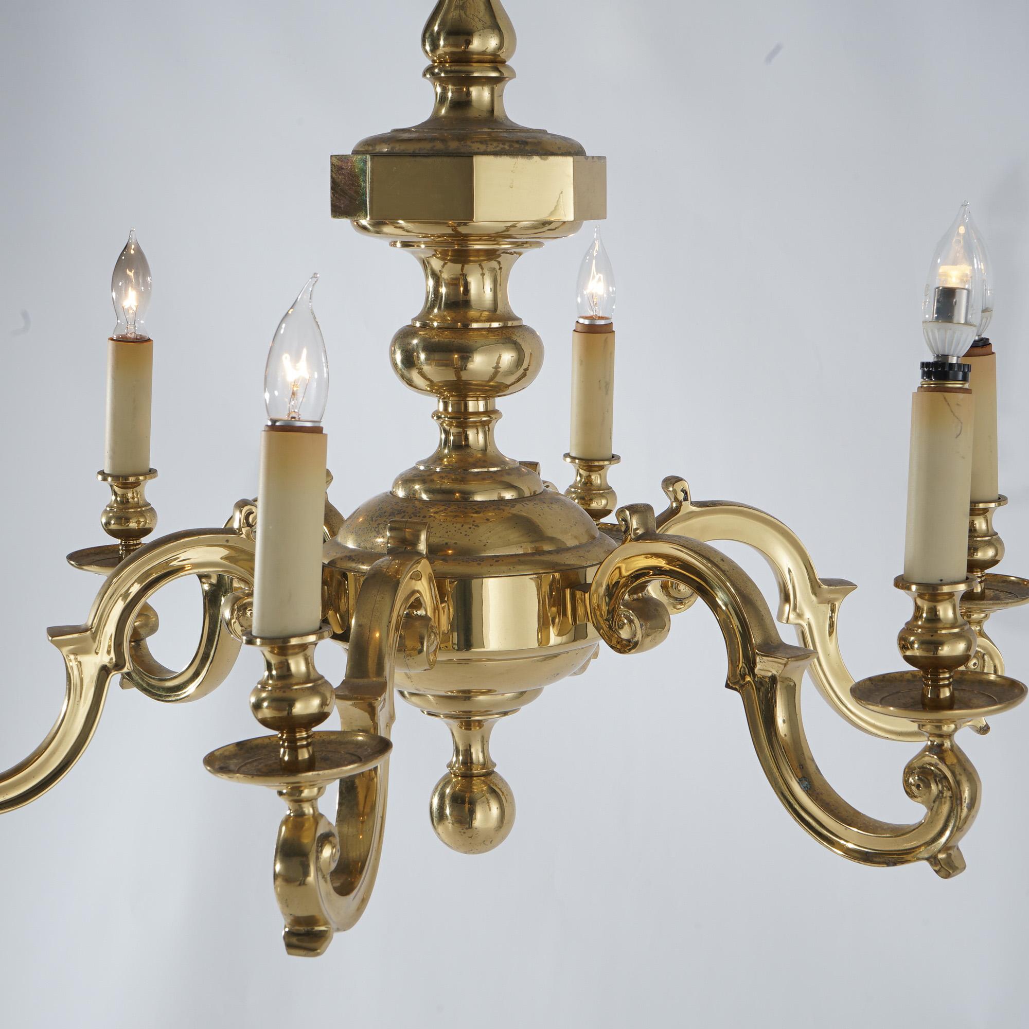 American Large Antique Neoclassical Brass Six-Arm Scroll Form Chandelier C1930 For Sale
