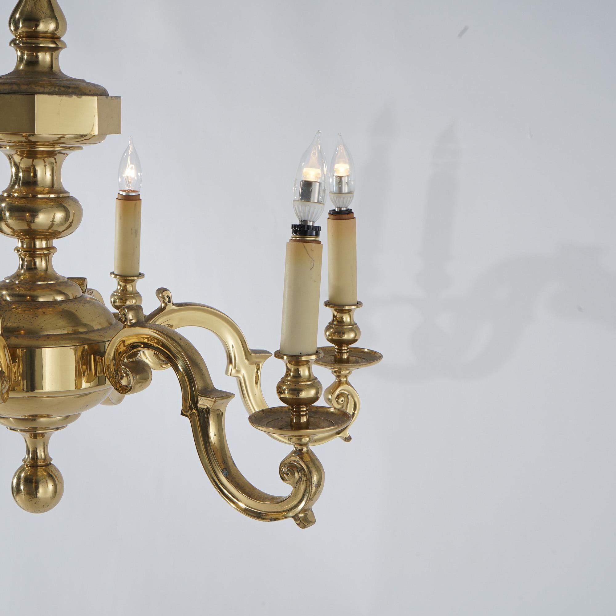 Large Antique Neoclassical Brass Six-Arm Scroll Form Chandelier C1930 In Good Condition For Sale In Big Flats, NY