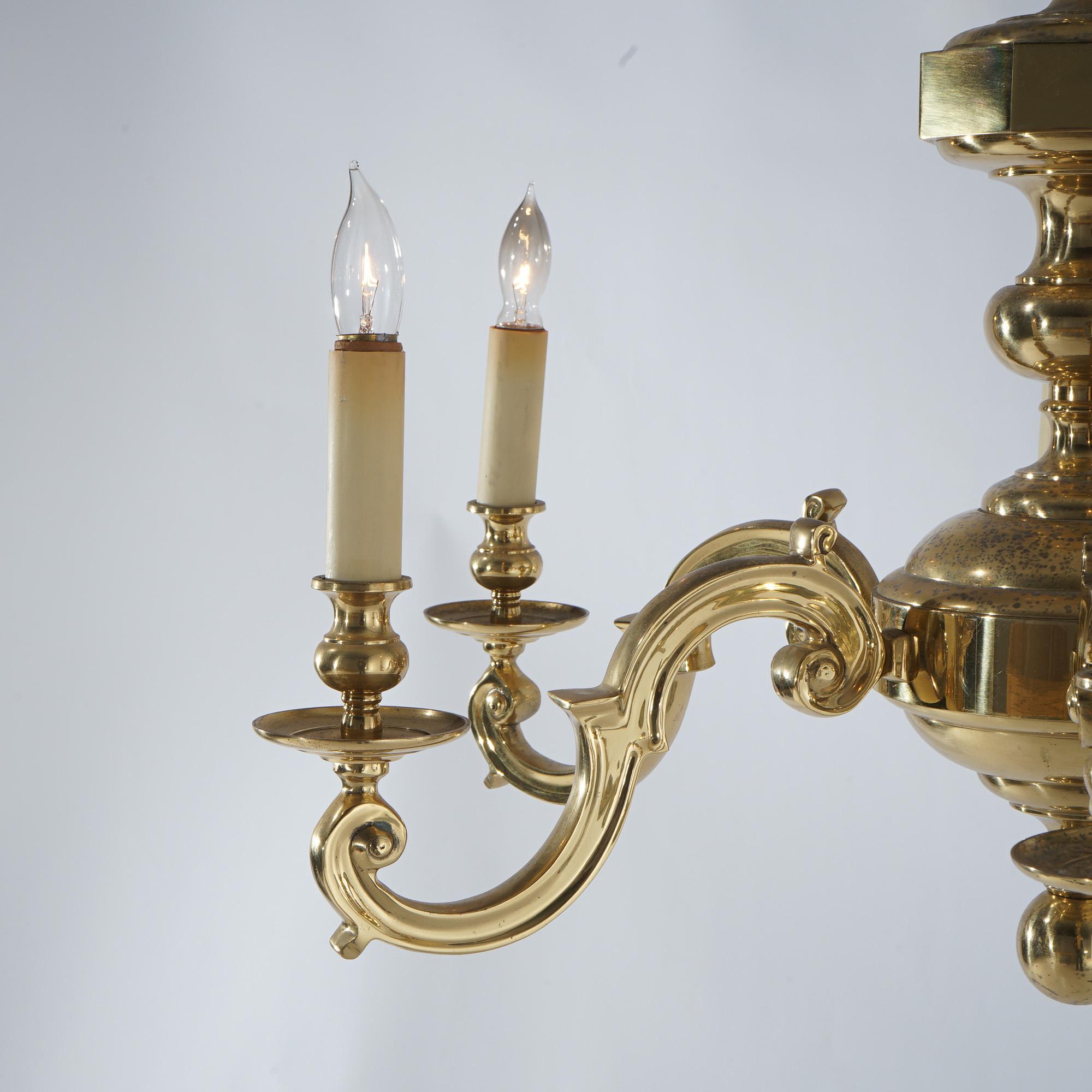 20th Century Large Antique Neoclassical Brass Six-Arm Scroll Form Chandelier C1930 For Sale