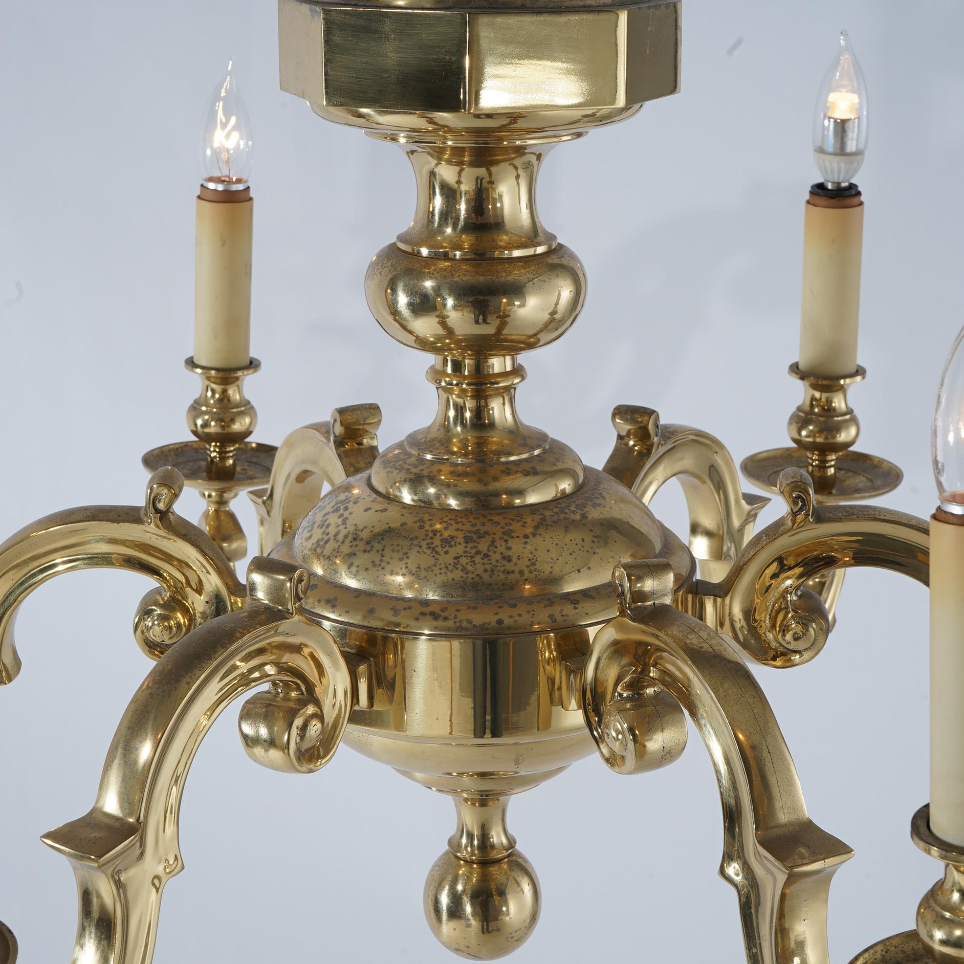 Large Antique Neoclassical Brass Six-Arm Scroll Form Chandelier C1930 For Sale 1