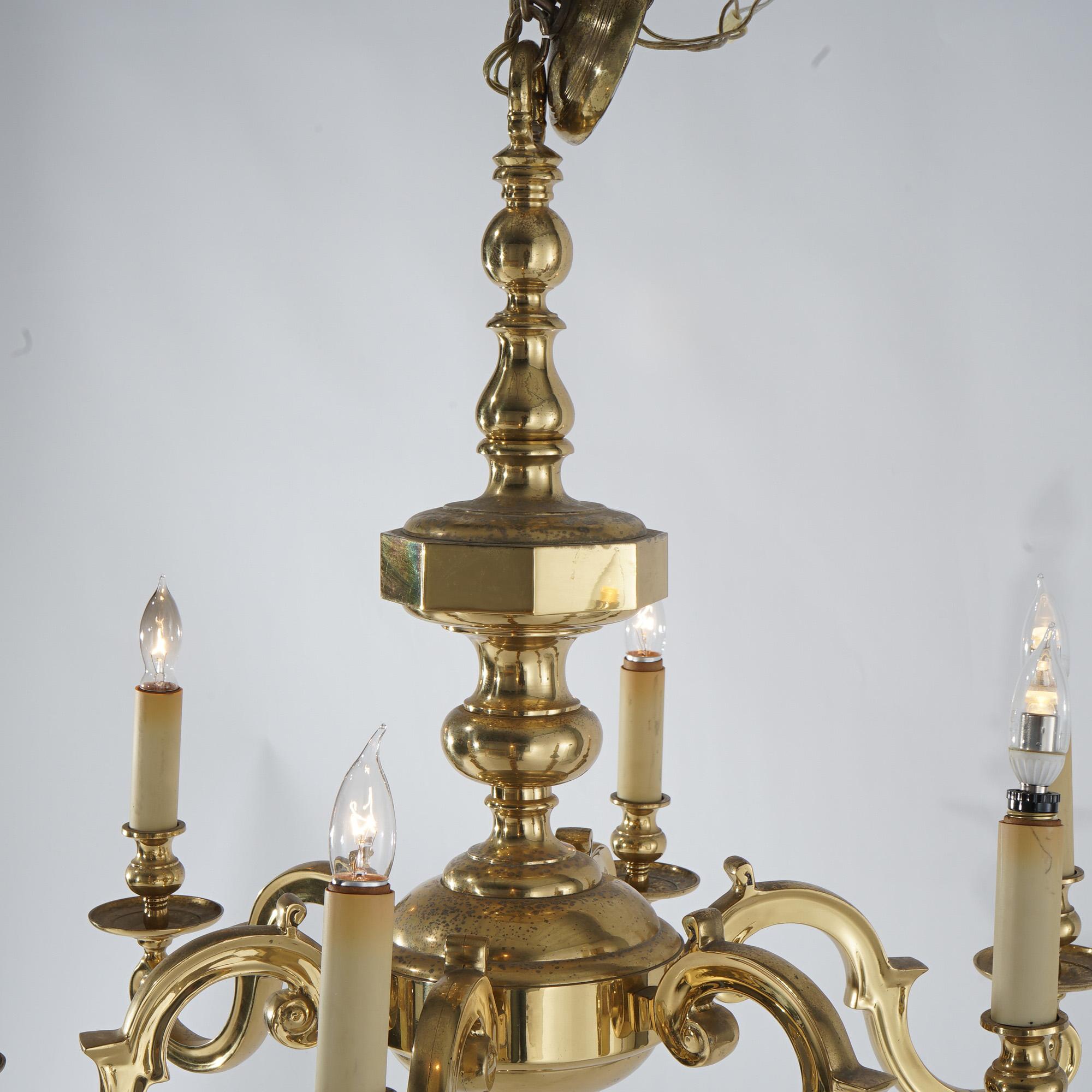 Large Antique Neoclassical Brass Six-Arm Scroll Form Chandelier C1930 For Sale 2