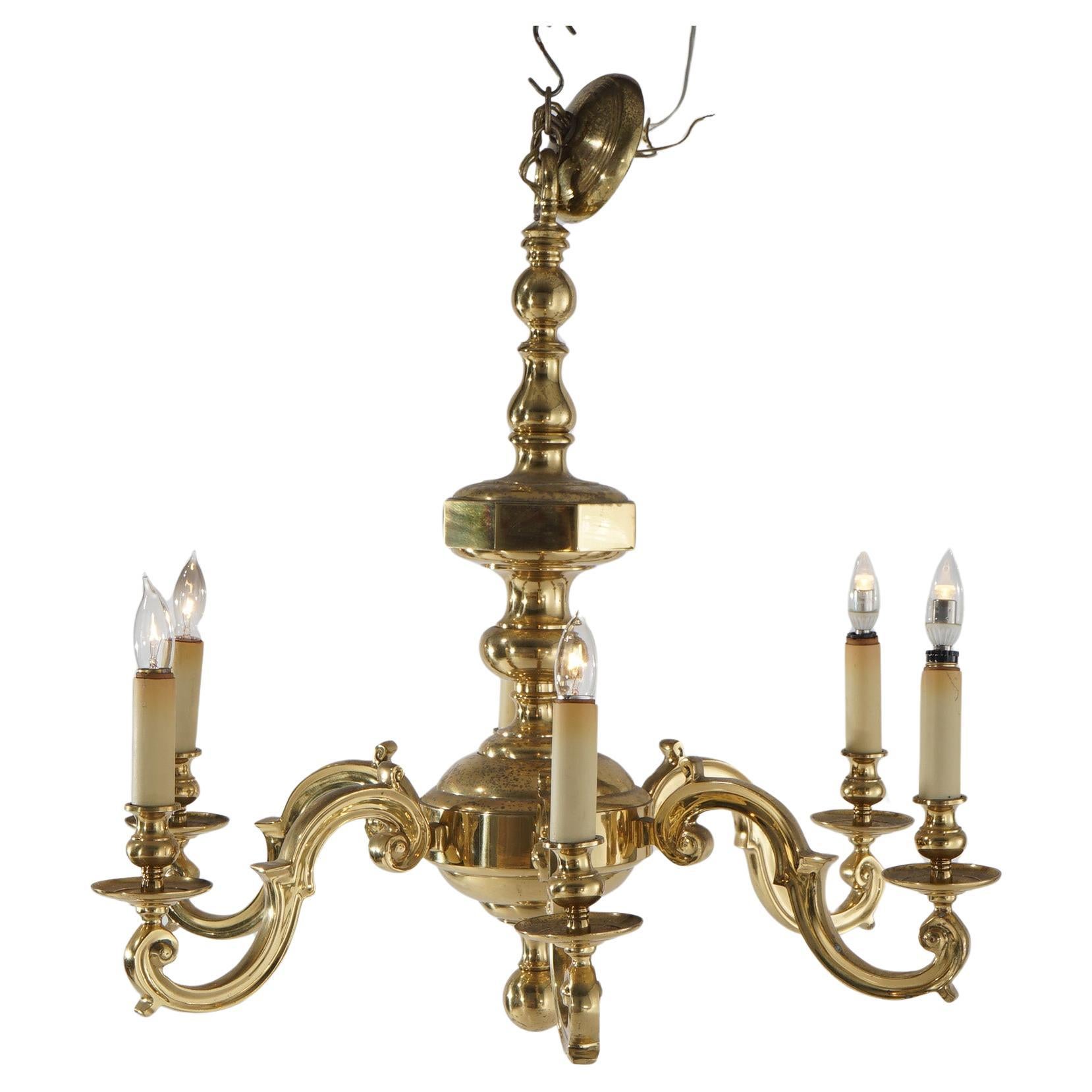 Large Antique Neoclassical Brass Six-Arm Scroll Form Chandelier C1930 For Sale