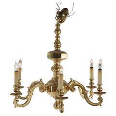 Large Used Neoclassical Brass Six-Arm Scroll Form Chandelier C1930