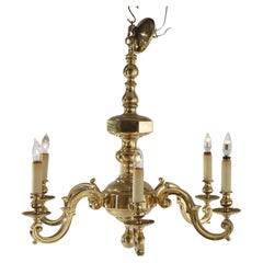 Large Antique Neoclassical Brass Six-Arm Scroll Form Chandelier C1930