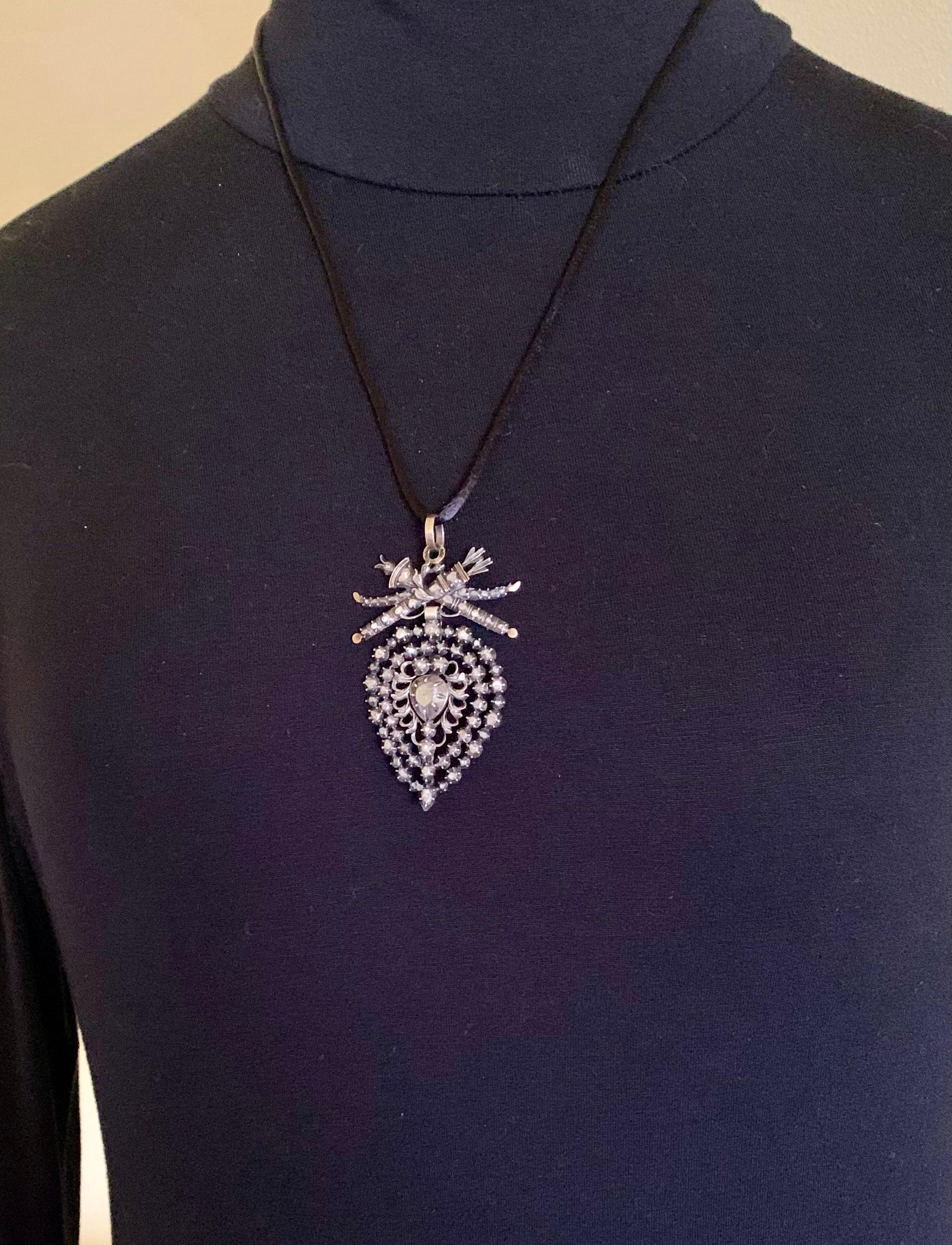 Georgian Large Antique Neoclassical Flemish Heart Diamond Silver Topped 18K Gold Pendant For Sale