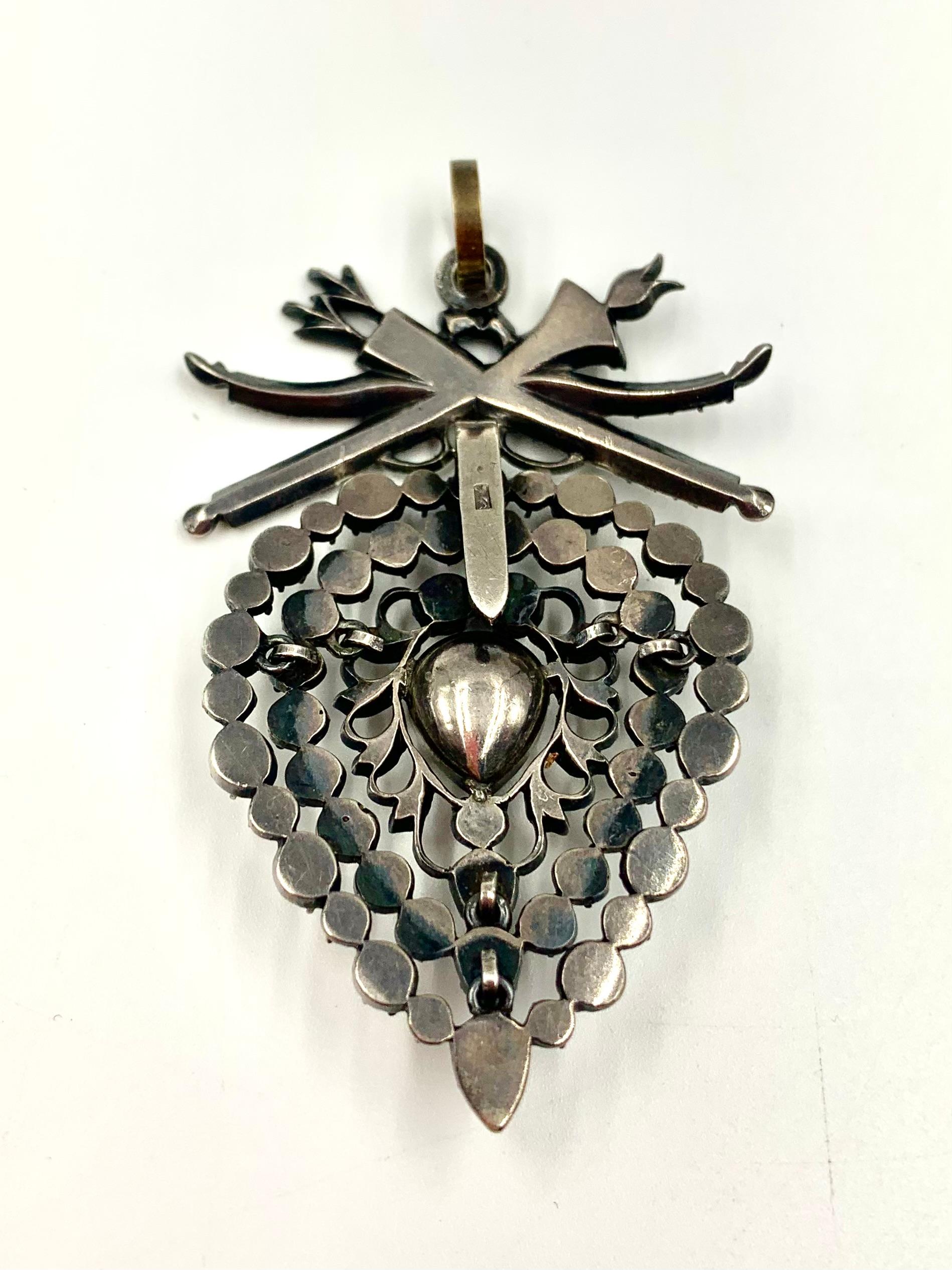 Mixed Cut Large Antique Neoclassical Flemish Heart Diamond Silver Topped 18K Gold Pendant For Sale