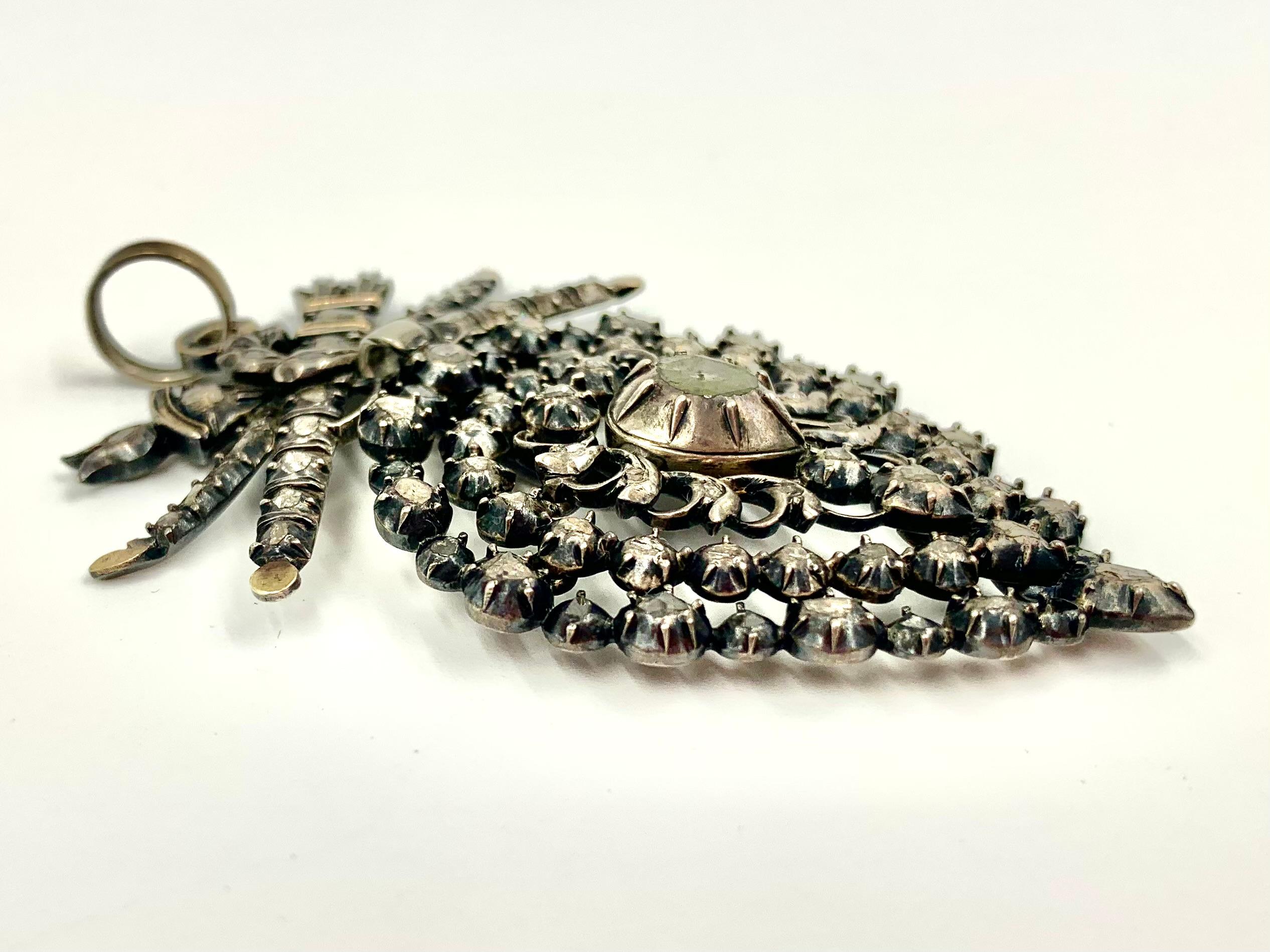 Large Antique Neoclassical Flemish Heart Diamond Silver Topped 18K Gold Pendant For Sale 1