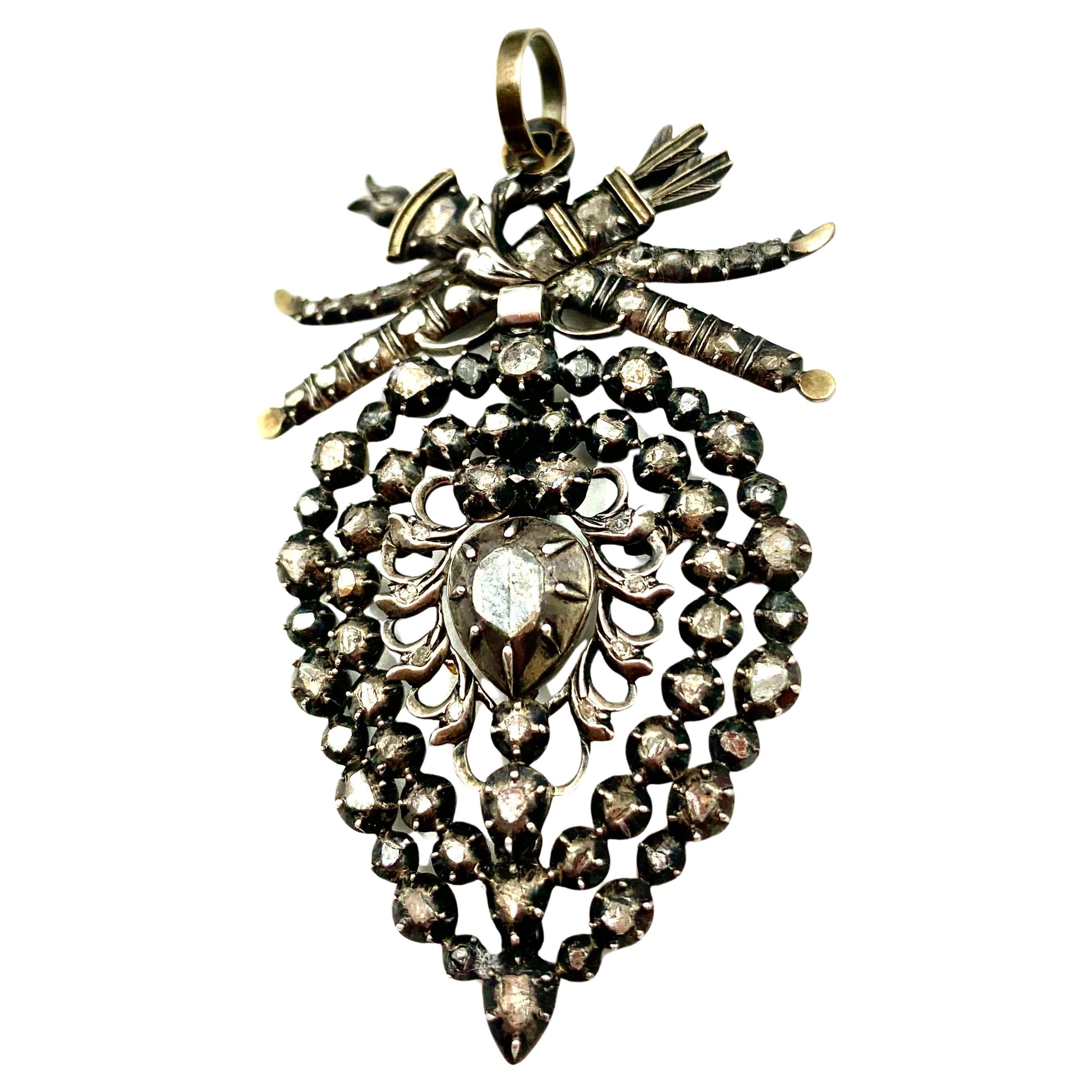 Large Antique Neoclassical Flemish Heart Diamond Silver Topped 18K Gold Pendant For Sale