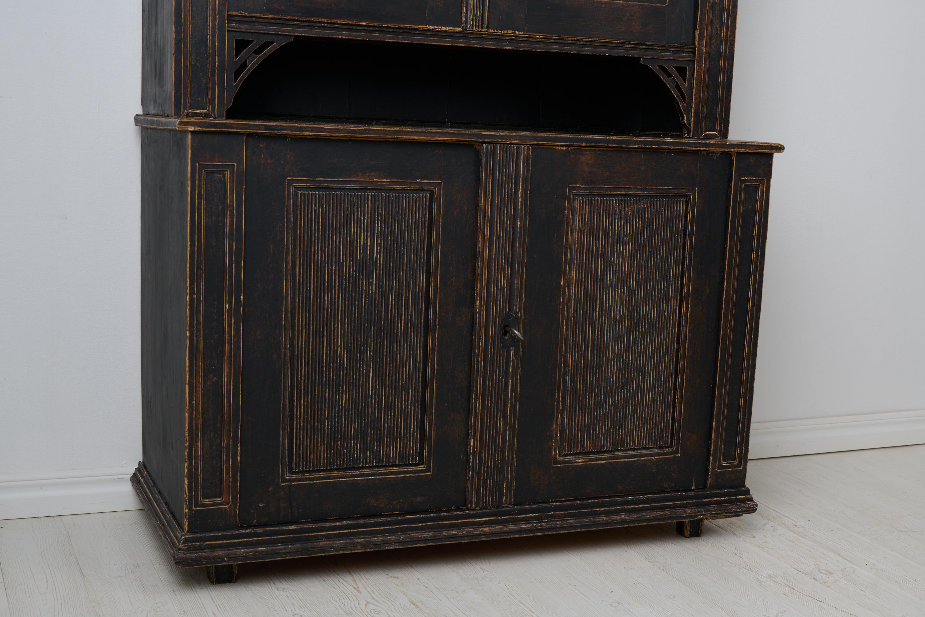 Large Antique Northern Swedish Gustavian Period Rustic Black Cabinet in Pine For Sale 5