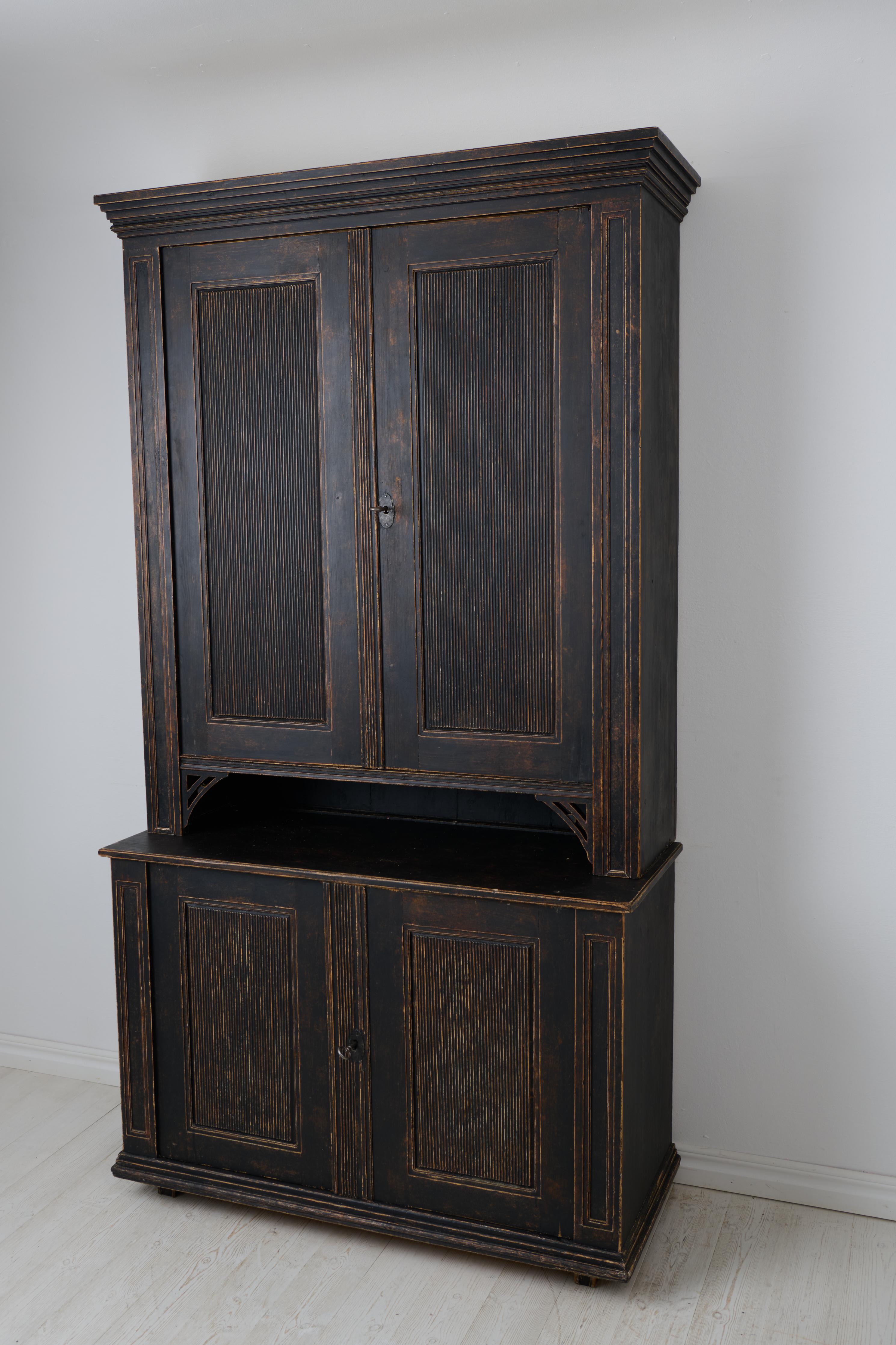 Large Antique Northern Swedish Gustavian Period Rustic Black Cabinet in Pine For Sale 6