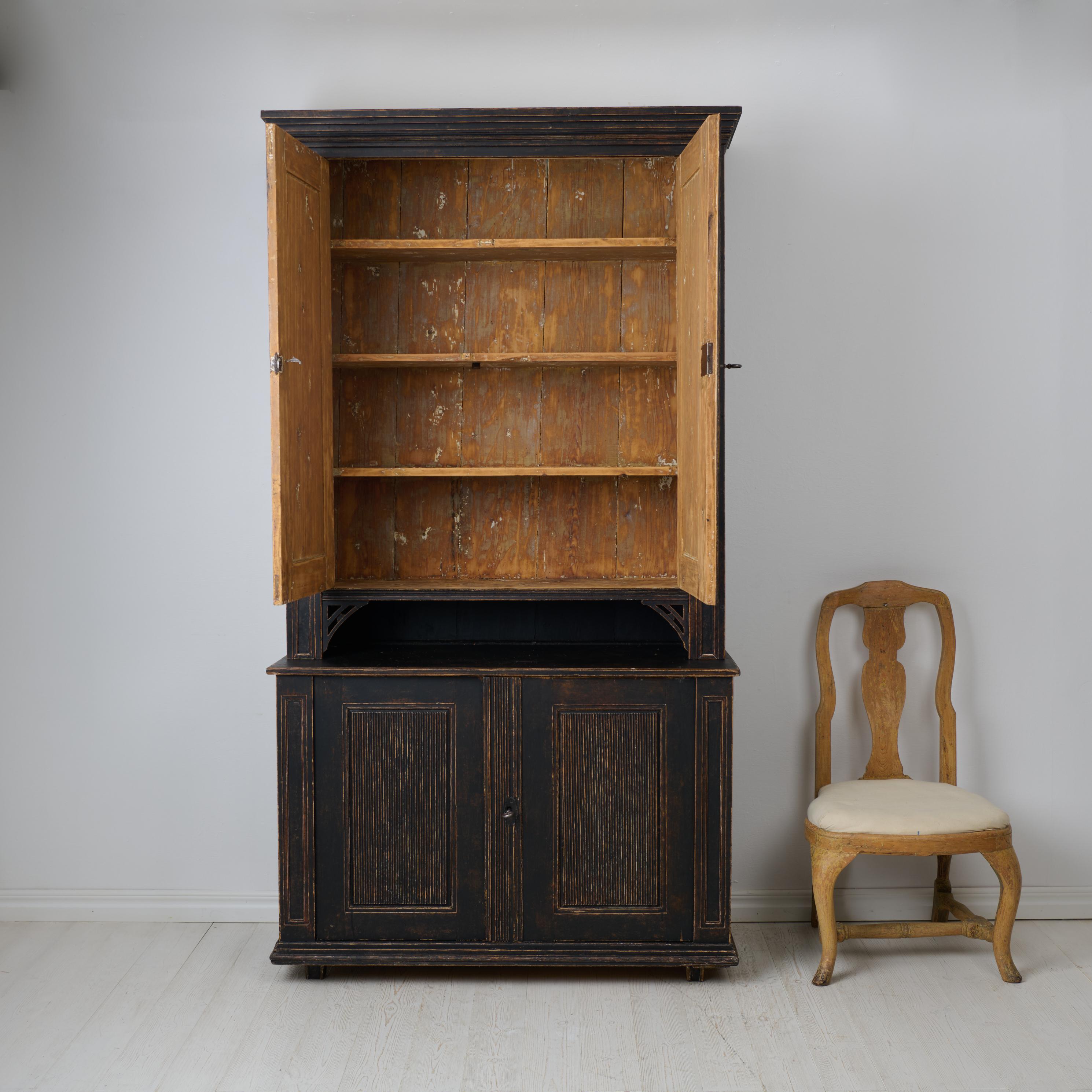 Hand-Crafted Large Antique Northern Swedish Gustavian Period Rustic Black Cabinet in Pine For Sale