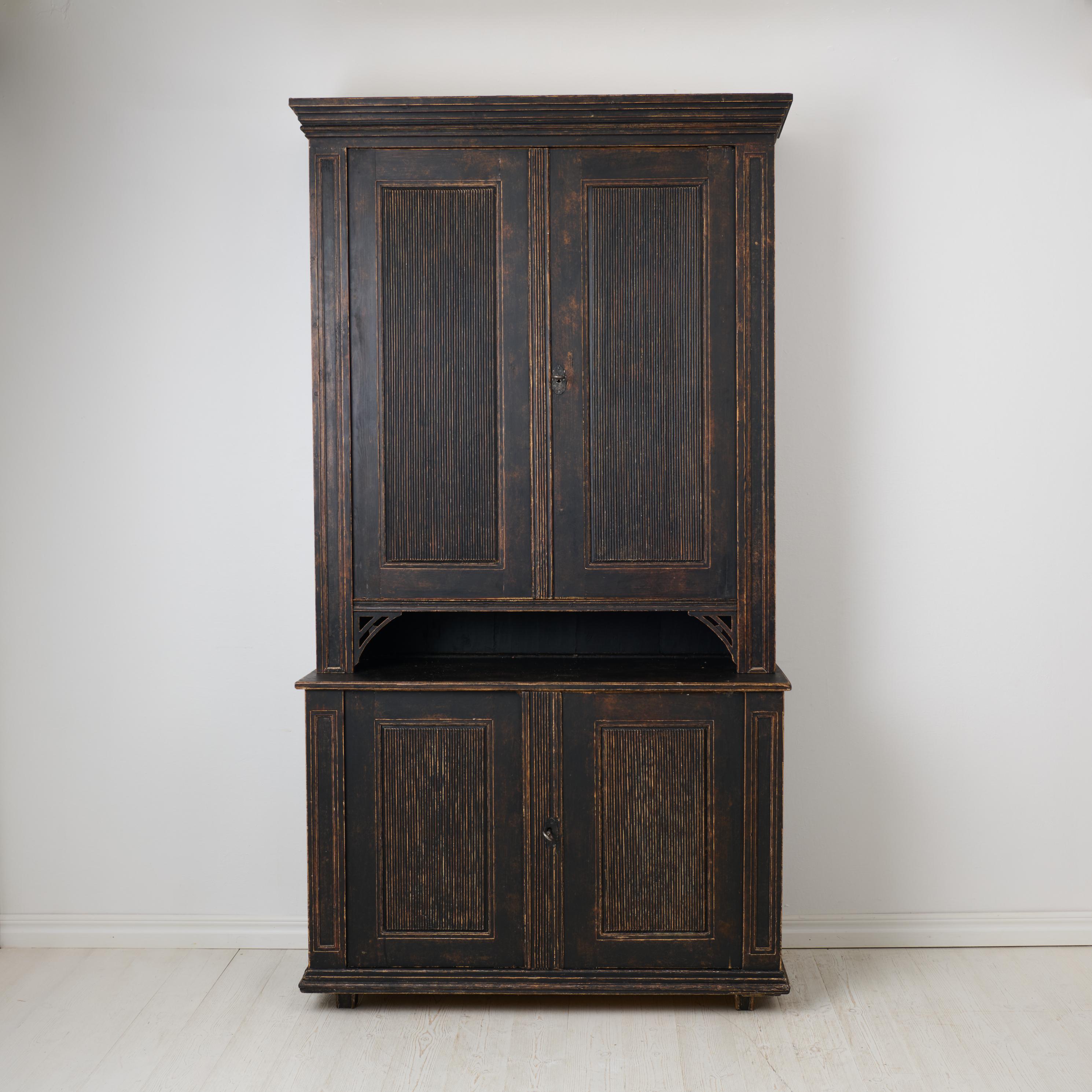 19th Century Large Antique Northern Swedish Gustavian Period Rustic Black Cabinet in Pine For Sale