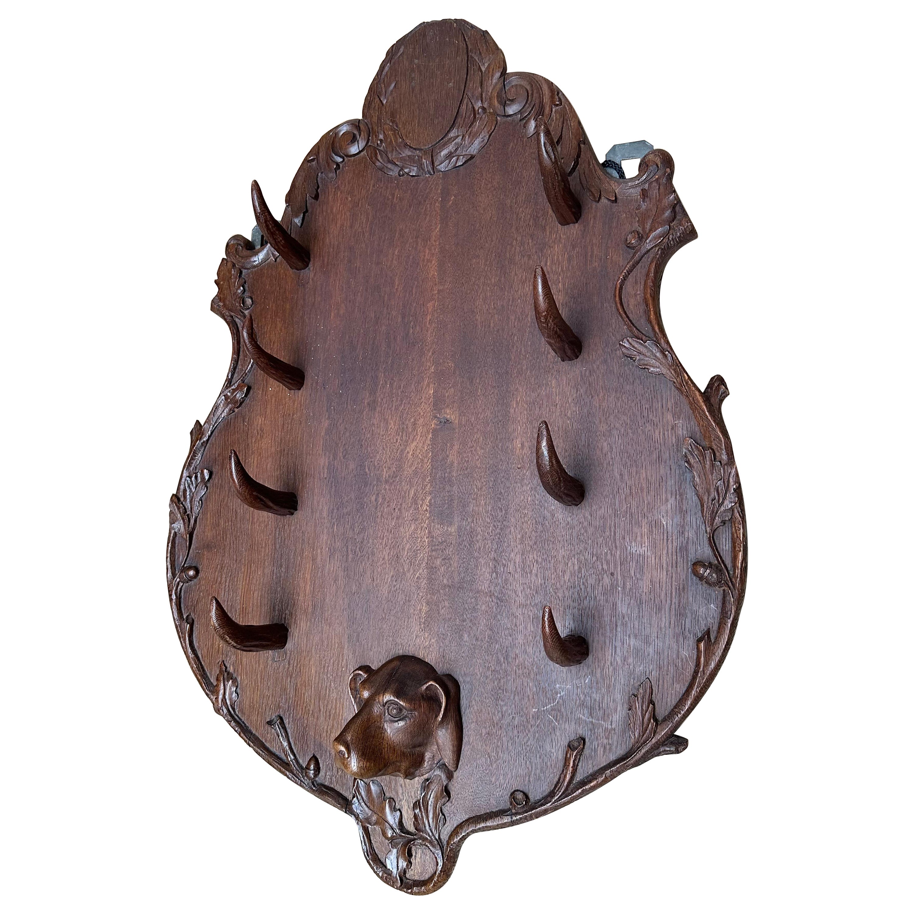 Large Antique Oak Rifle Rack / Wall-Mounted Gun Display with Bird Dog Sculpture