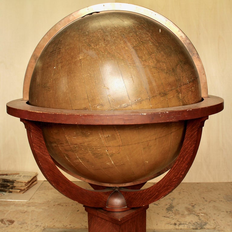 Gesso Very Large Antique Oak W. & A. K. Johnston 30-inch Terrestrial Library Globe For Sale