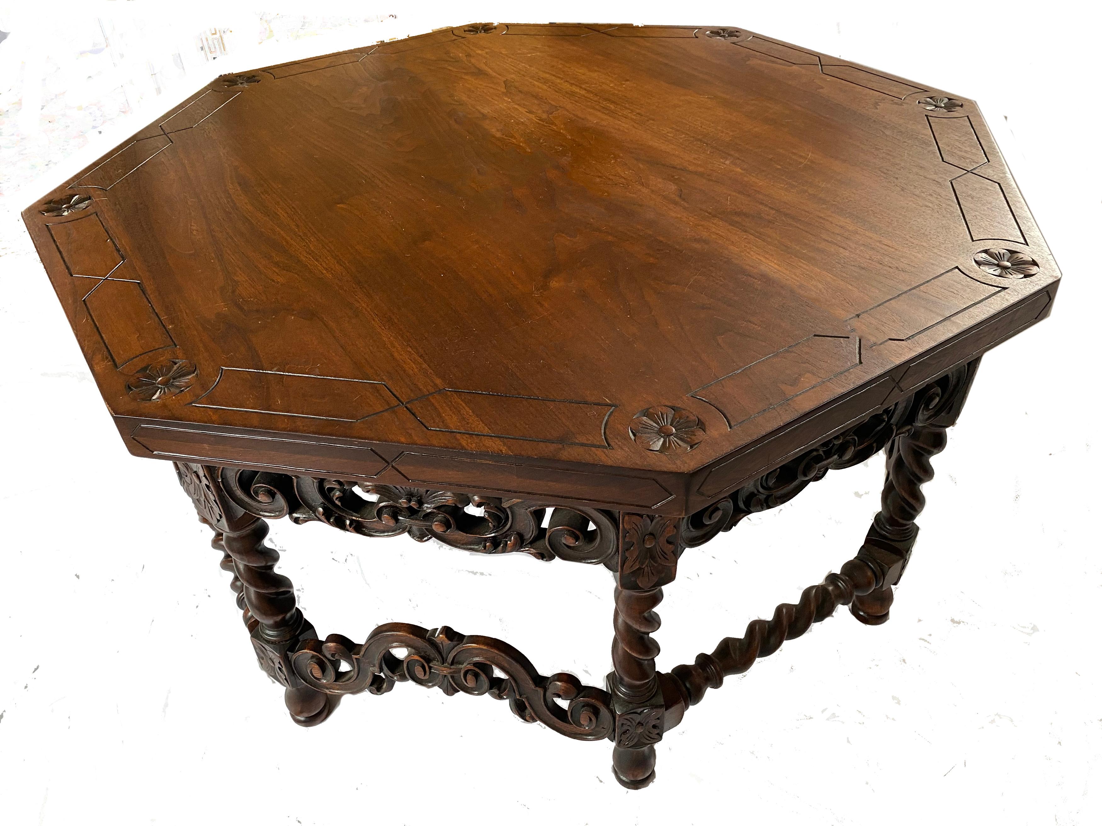 Unique antique octagon center (or coffee) table with a major presence with hand carved details and barley twist legs and stretchers. Has a mix of Jacobean and Eastlake details that give this table flexibility to fit into a number of traditional