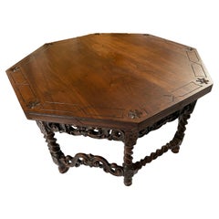 Large Antique Octagon Coffee Table with Barley Twist Legs & Ornate Carvings