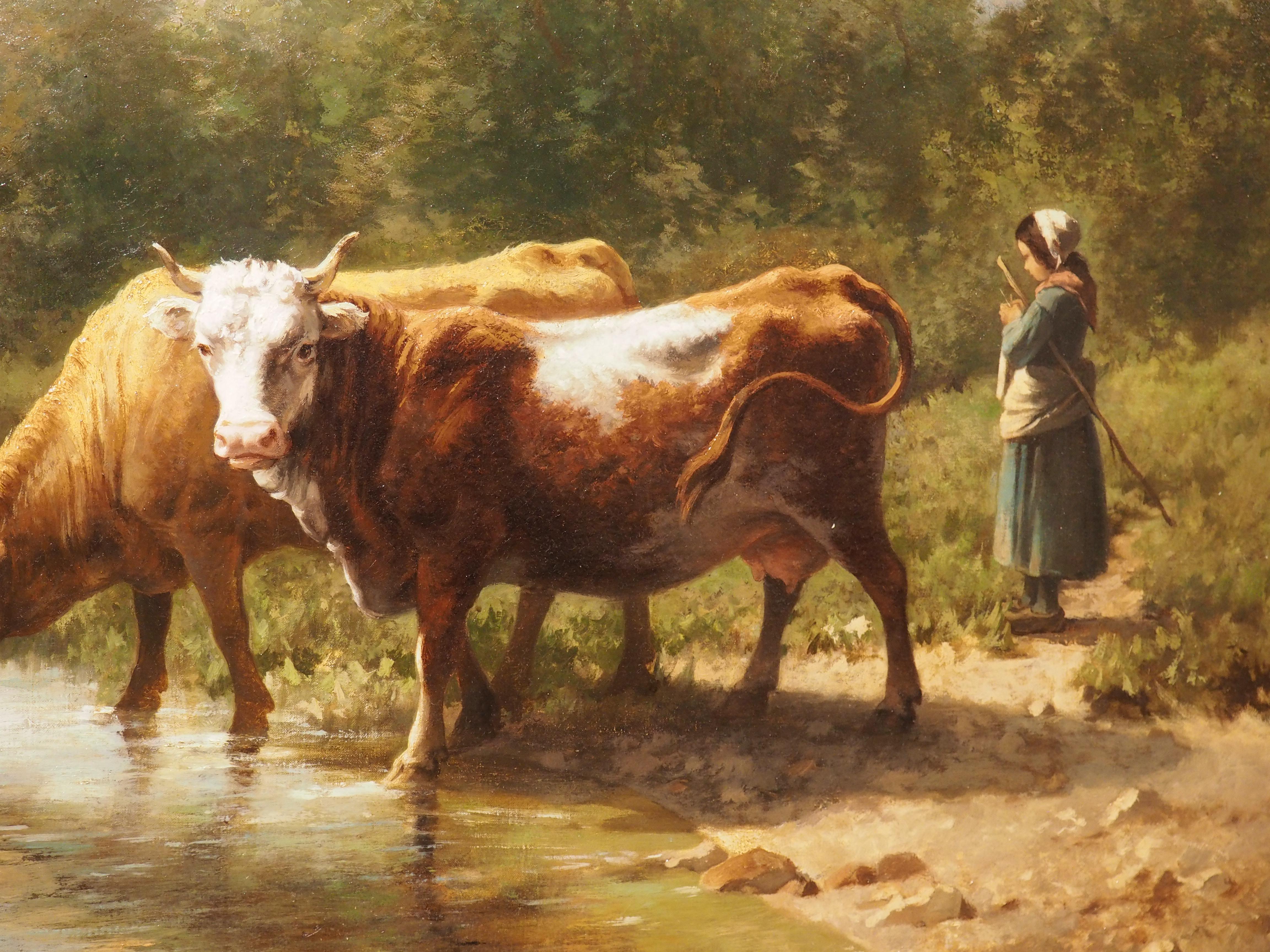 Large Antique Oil on Canvas French Pastoral Cow Painting, Signed and Dated, 1877 9