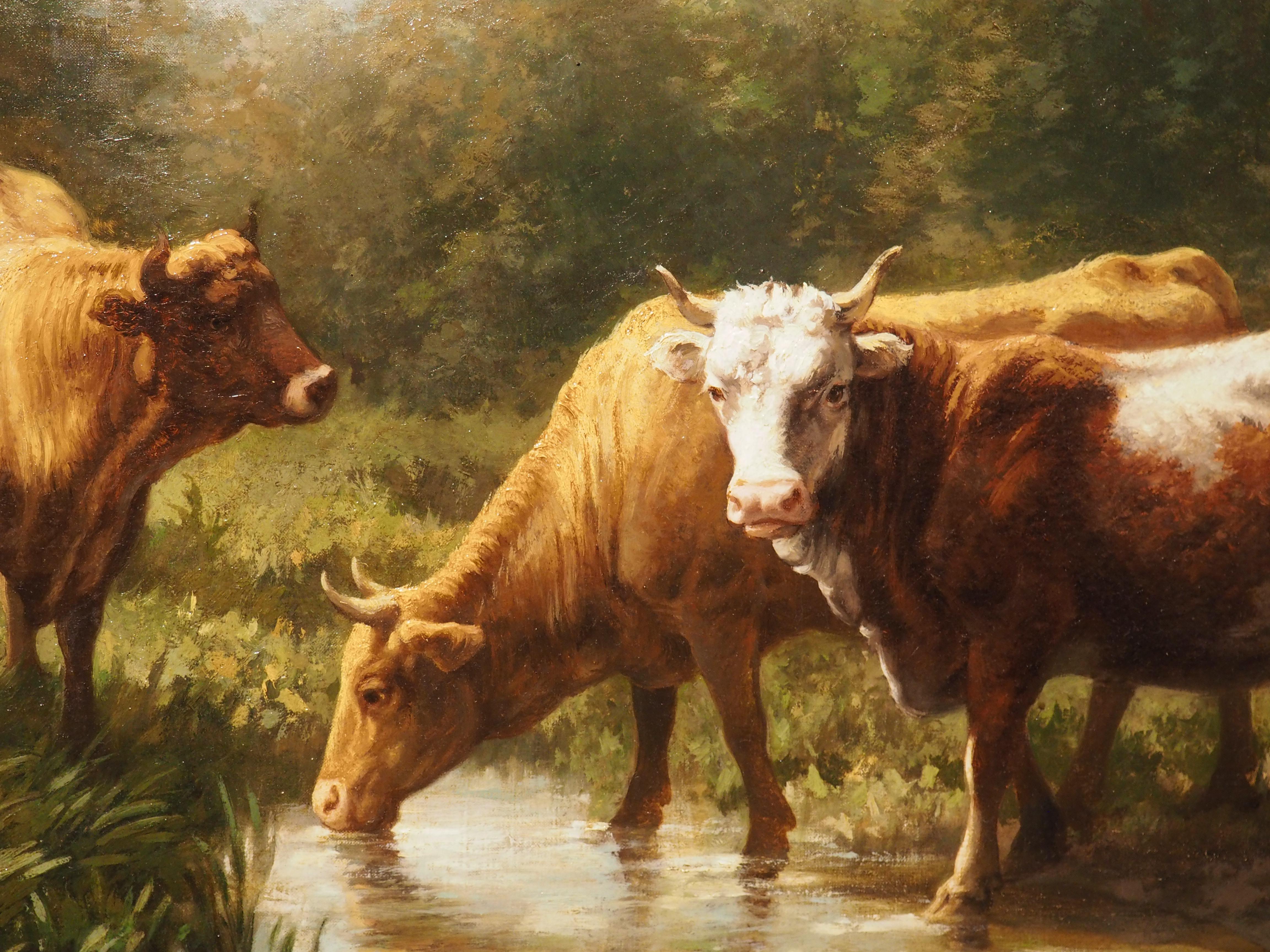 Large Antique Oil on Canvas French Pastoral Cow Painting, Signed and Dated, 1877 10
