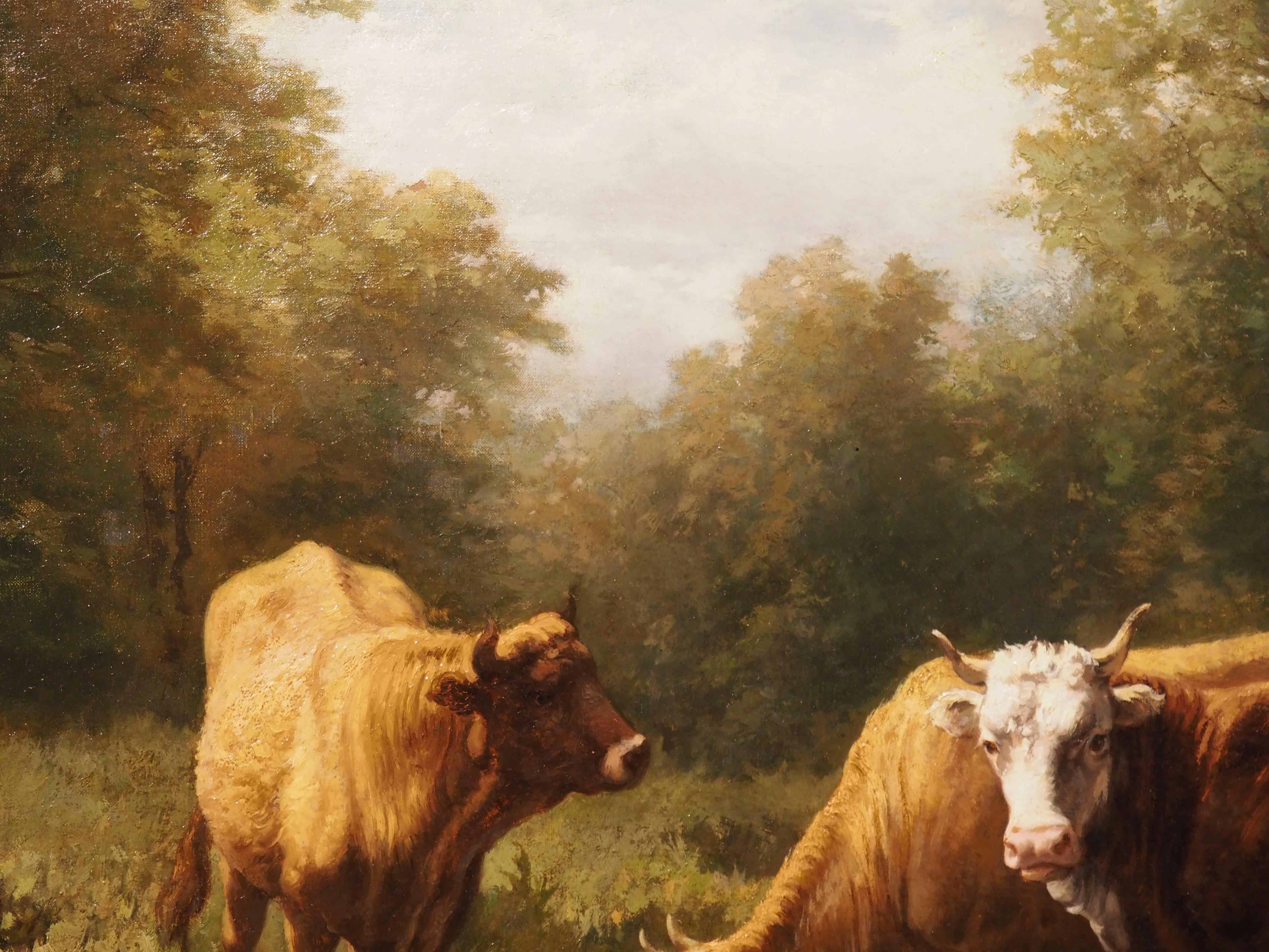 Large Antique Oil on Canvas French Pastoral Cow Painting, Signed and Dated, 1877 11