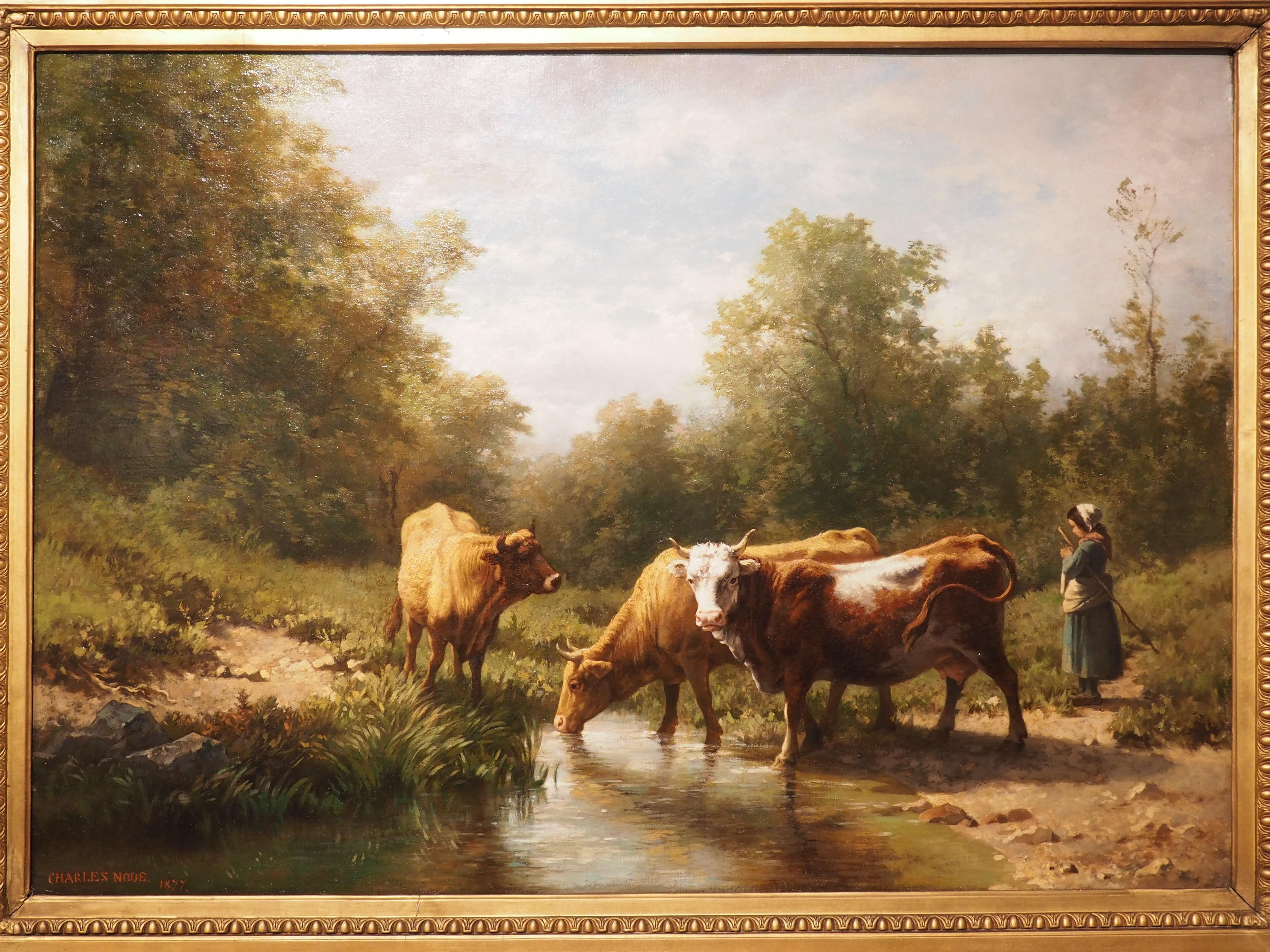 Large Antique Oil on Canvas French Pastoral Cow Painting, Signed and Dated, 1877 12