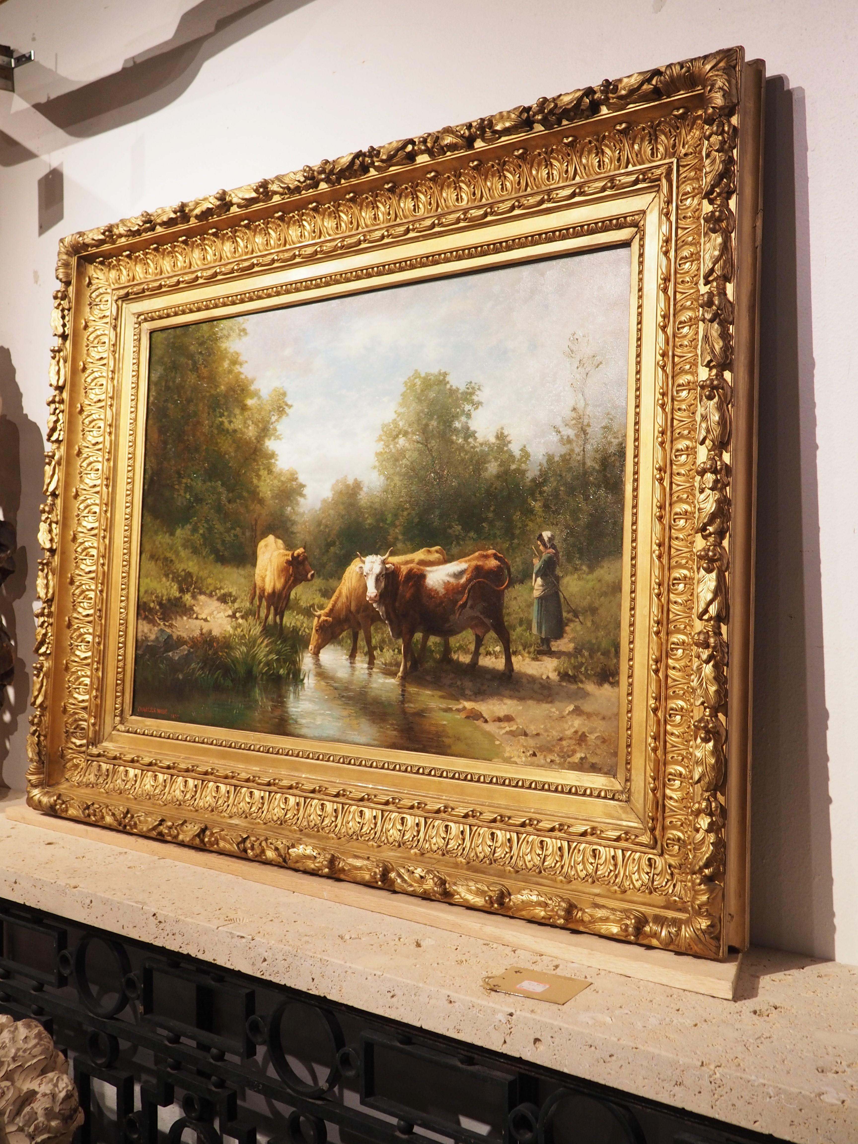 Large Antique Oil on Canvas French Pastoral Cow Painting, Signed and Dated, 1877 13