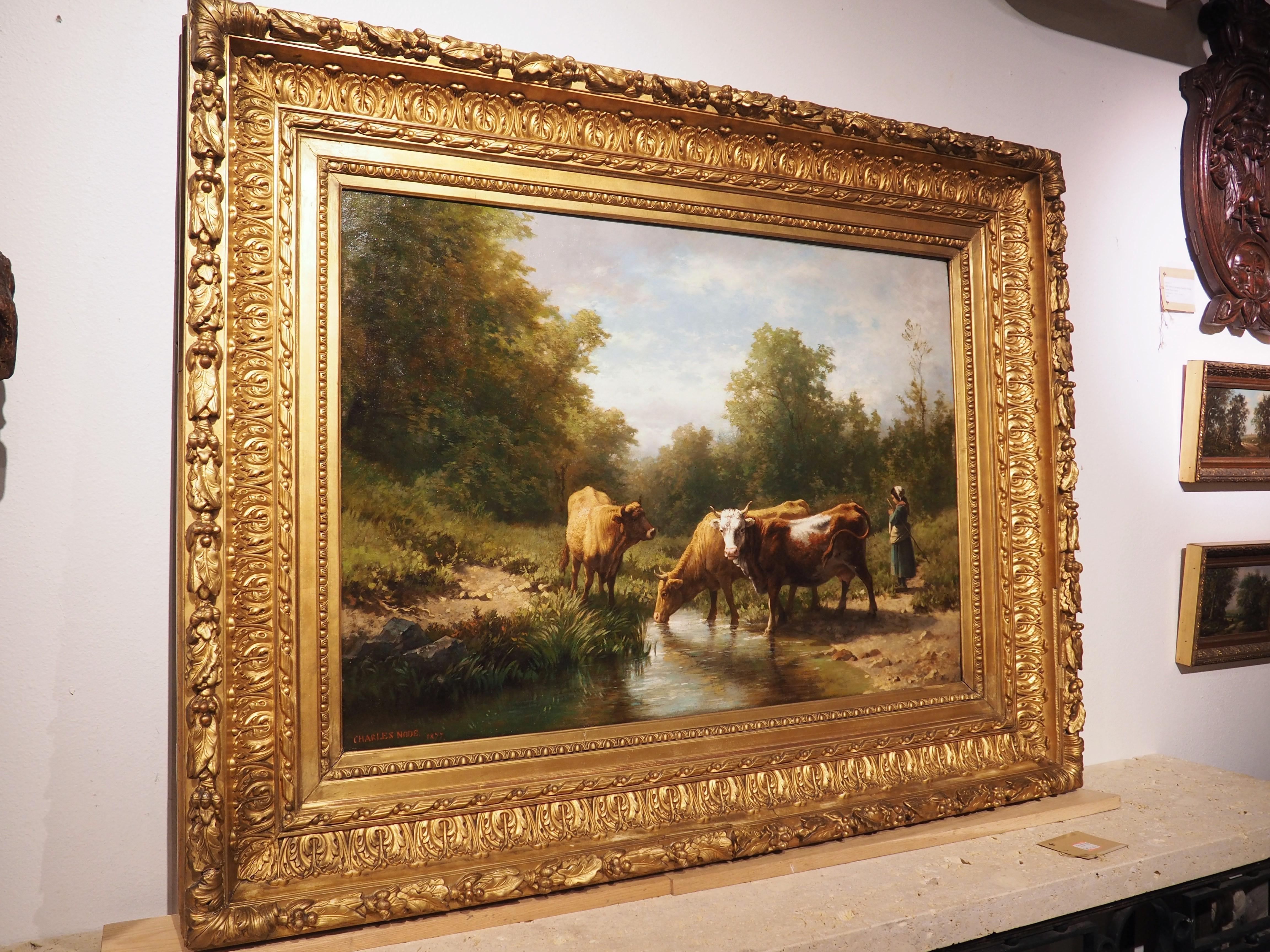 Large Antique Oil on Canvas French Pastoral Cow Painting, Signed and Dated, 1877 14