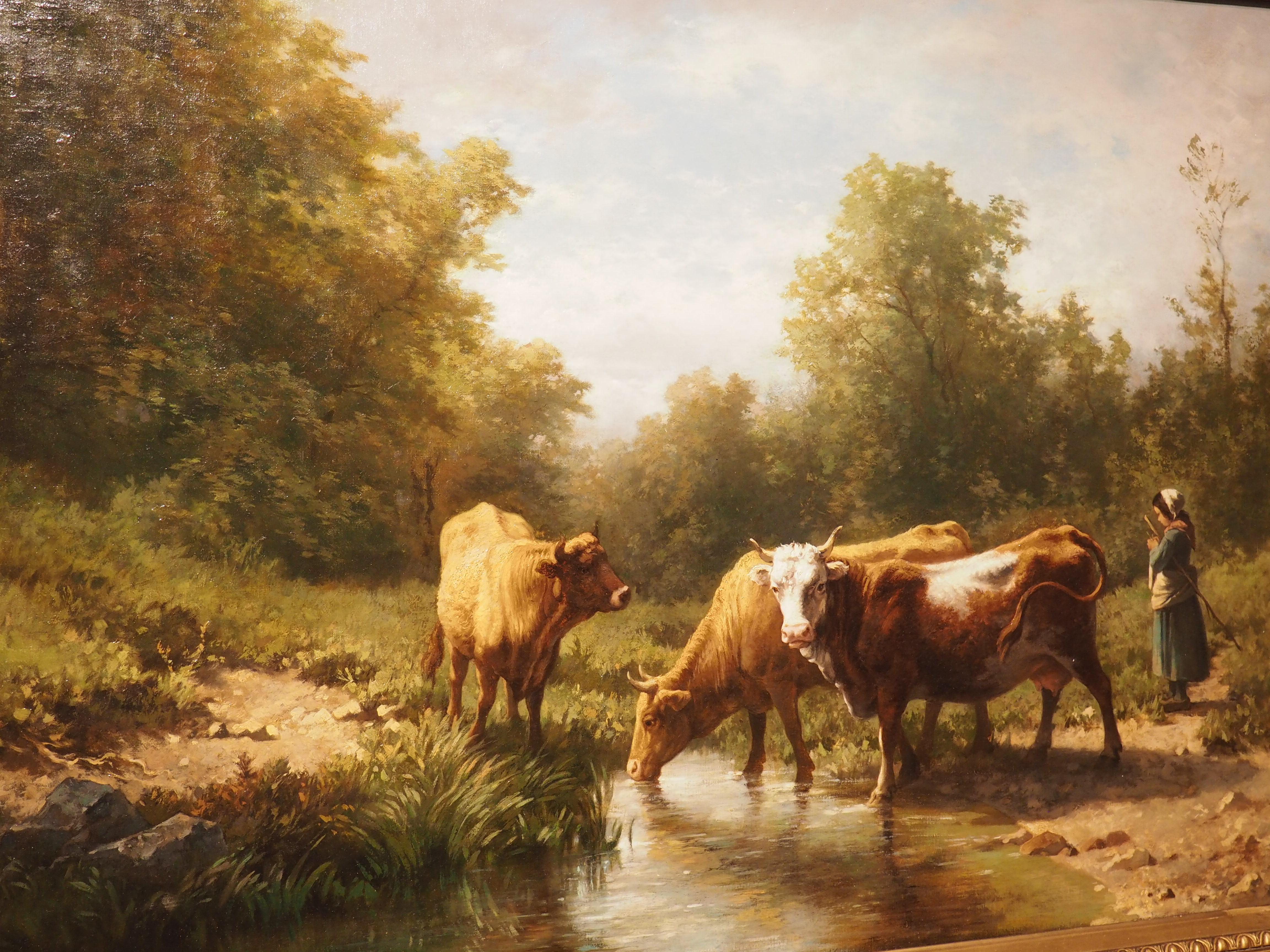 Large Antique Oil on Canvas French Pastoral Cow Painting, Signed and Dated, 1877 15